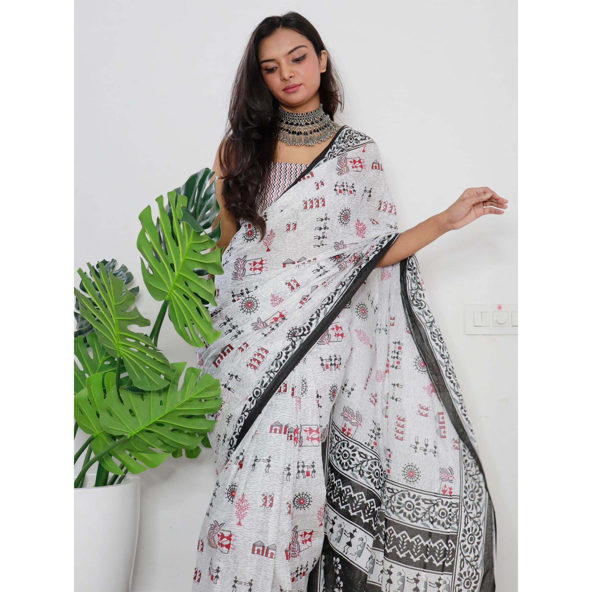 AKHILAM Womens Warli Printed Pure Cotton Ready To Wear one Minute Saree With Unstitched Blouse Piece (White_RTWMINAXI8009_SMC)