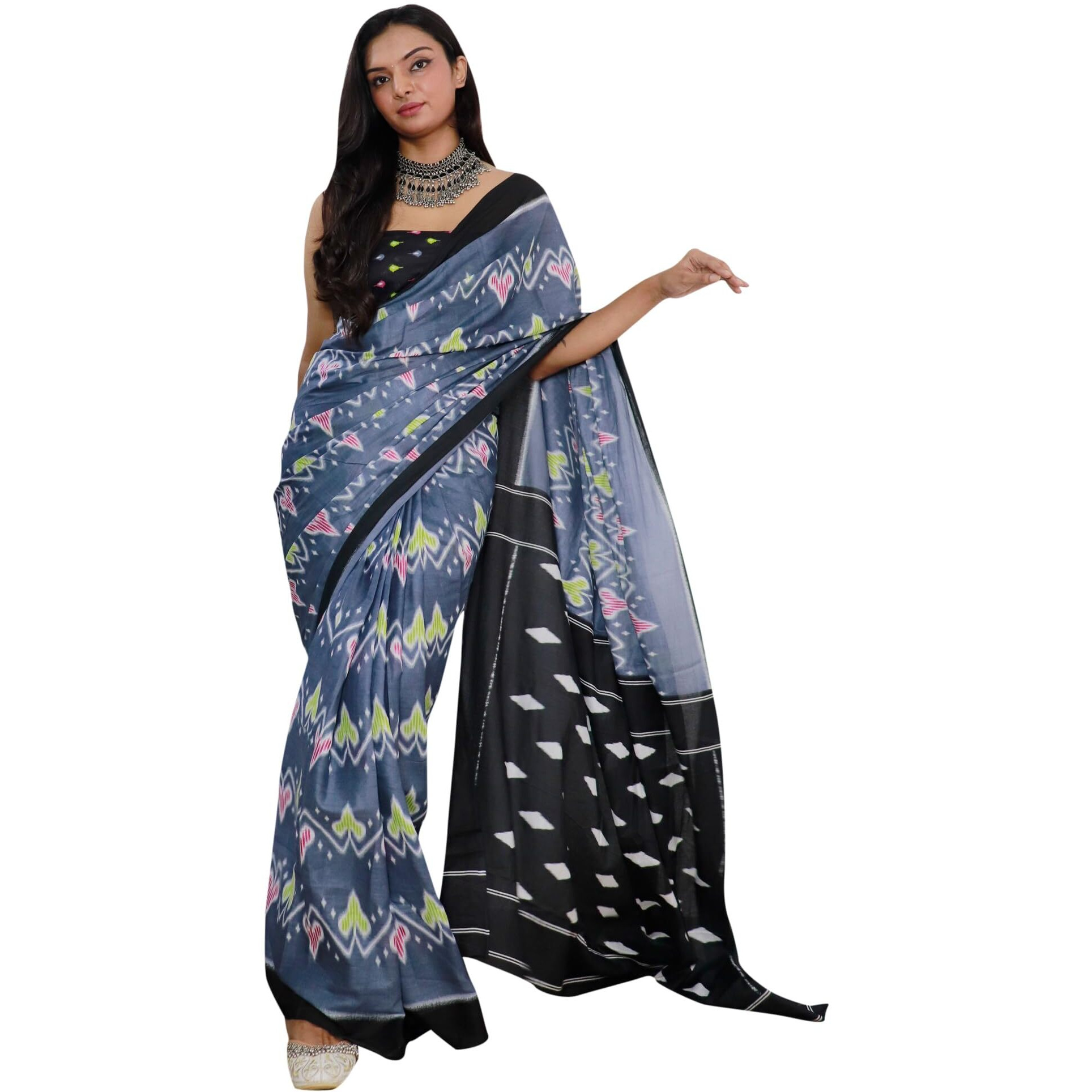 AKHILAM Womens Ikat Printed Pure Cotton Ready To Wear one Minute Saree With Unstitched Blouse Piece (Grey_RTWMINAXI1102_SMC)