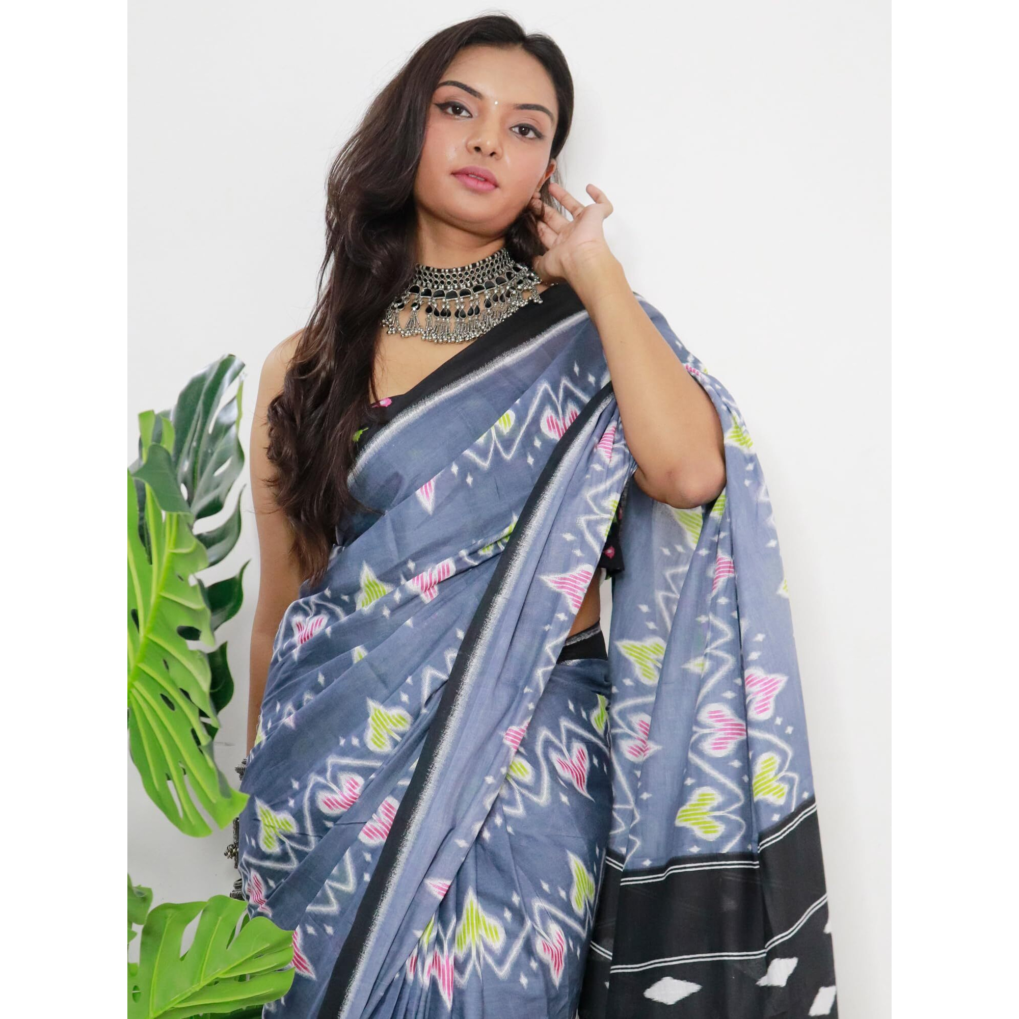 AKHILAM Womens Ikat Printed Pure Cotton Ready To Wear one Minute Saree With Unstitched Blouse Piece (Grey_RTWMINAXI1102_SMC)