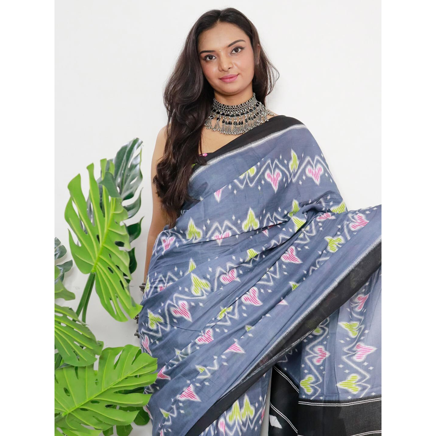 AKHILAM Womens Ikat Printed Pure Cotton Ready To Wear one Minute Saree With Unstitched Blouse Piece (Grey_RTWMINAXI1102_SMC)