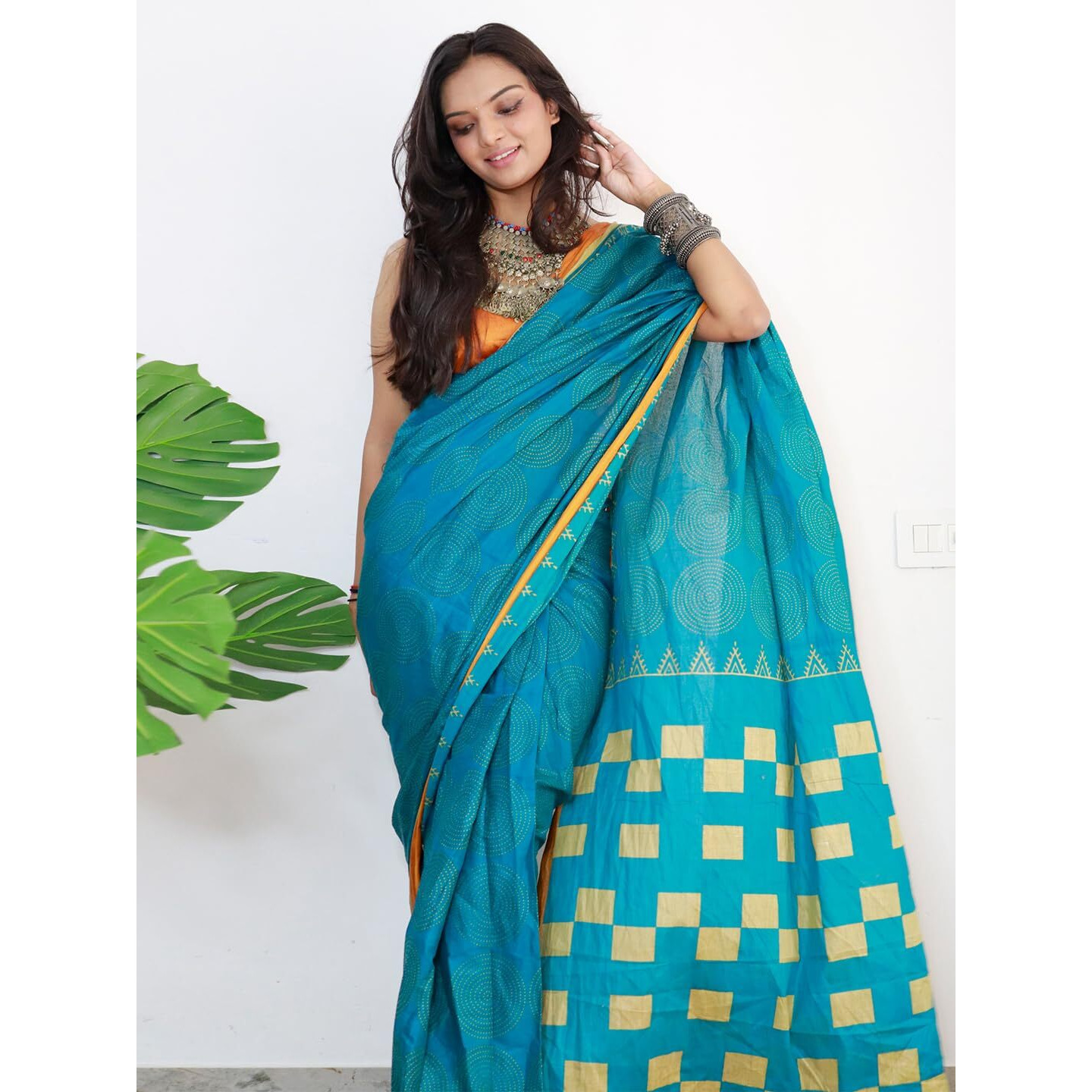 AKHILAM Womens Bagh Printed Pure Cotton Ready To Wear one Minute Saree With Unstitched Blouse Piece (Blue_RTWMINAXI7001_SMC)