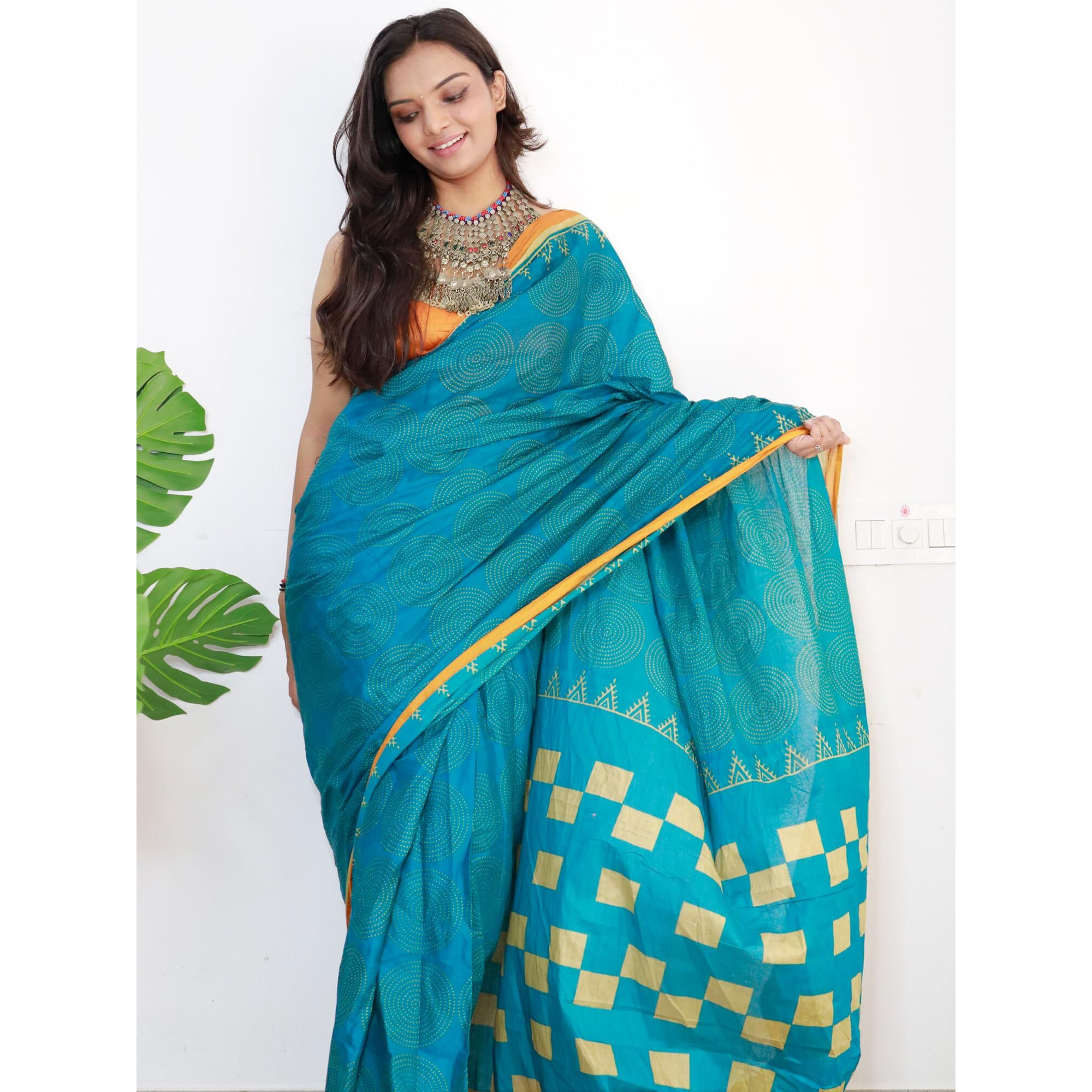 AKHILAM Womens Bagh Printed Pure Cotton Ready To Wear one Minute Saree With Unstitched Blouse Piece (Blue_RTWMINAXI7001_SMC)