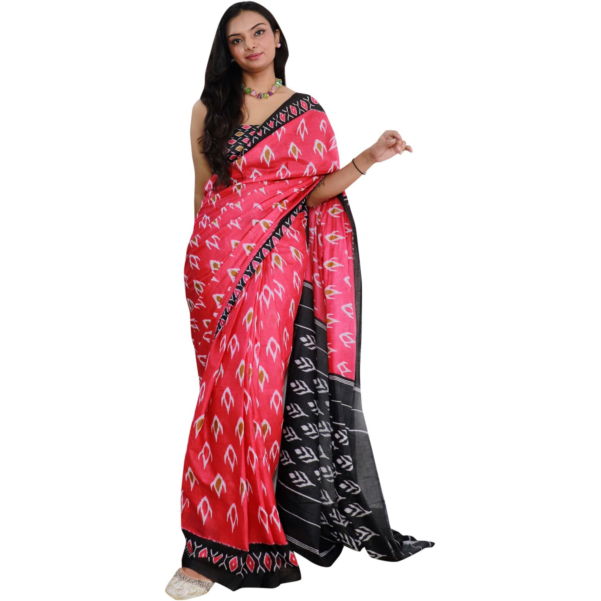 AKHILAM Womens Ikat Printed Pure Cotton Ready To Wear one Minute Saree With Unstitched Blouse Piece (Pink_RTWMINAXI1101_SMC)