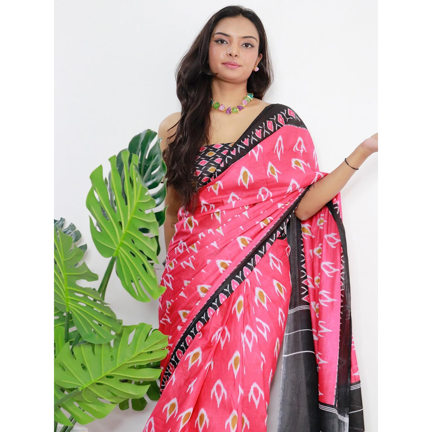 AKHILAM Womens Ikat Printed Pure Cotton Ready To Wear one Minute Saree With Unstitched Blouse Piece (Pink_RTWMINAXI1101_SMC)