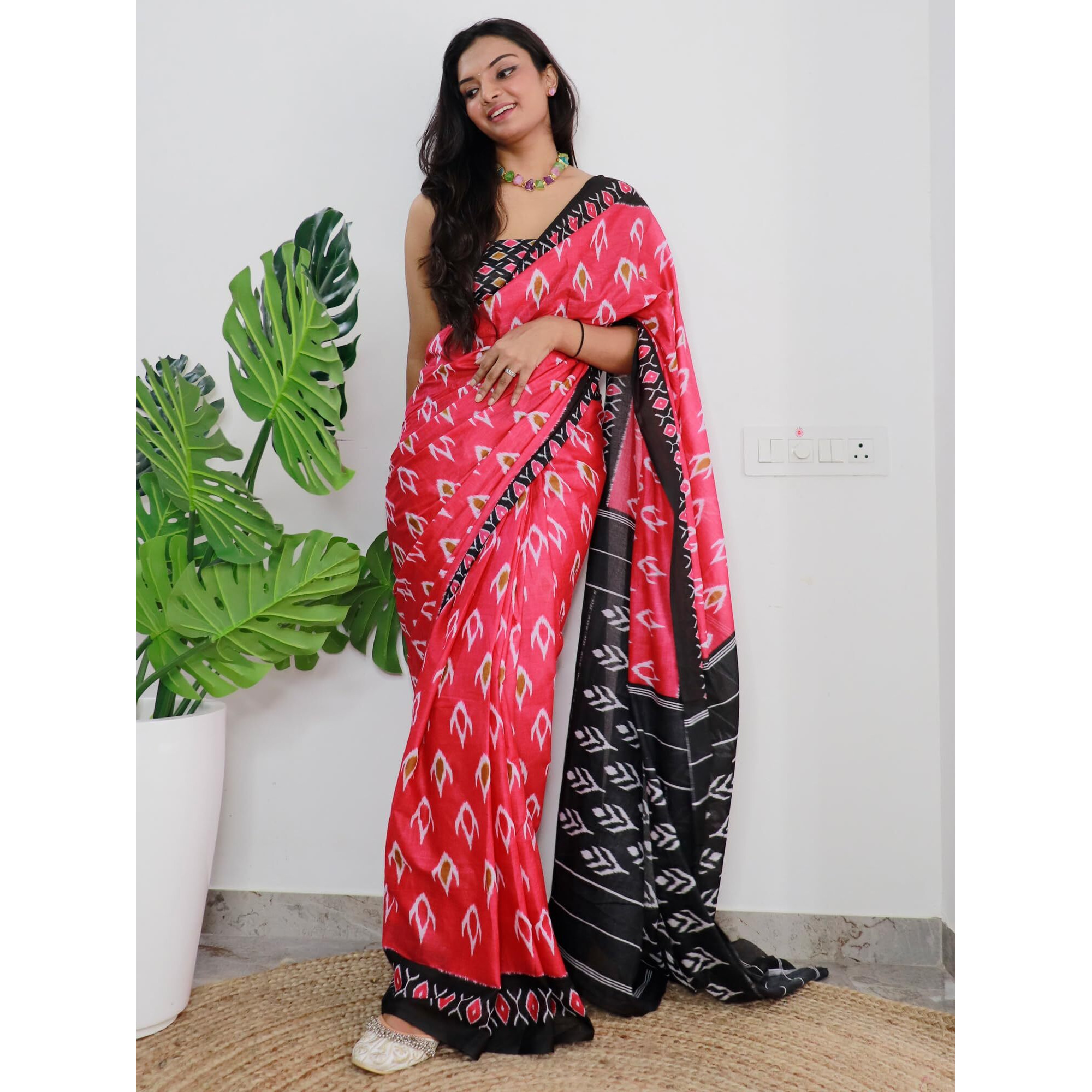 AKHILAM Womens Ikat Printed Pure Cotton Ready To Wear one Minute Saree With Unstitched Blouse Piece (Pink_RTWMINAXI1101_SMC)