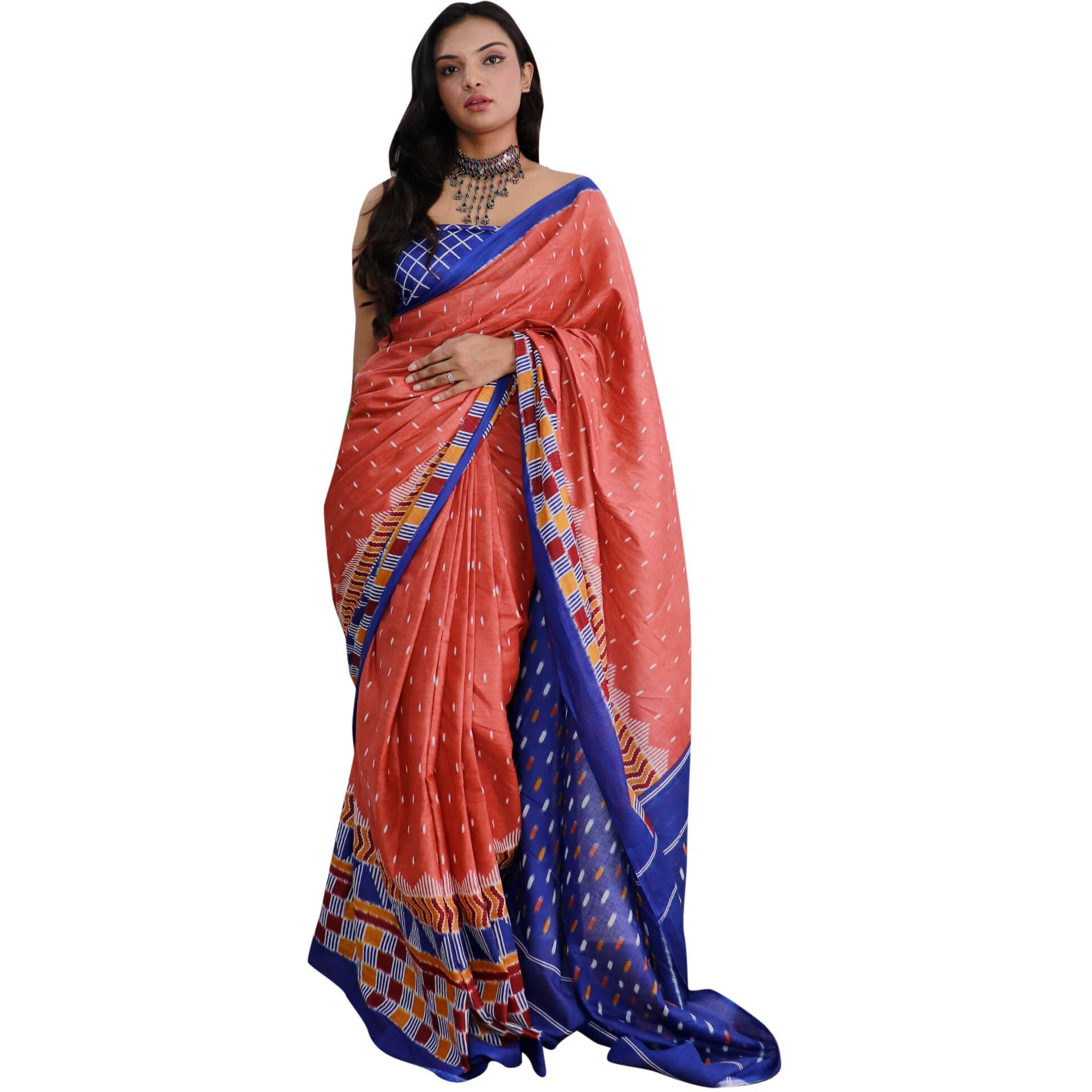 AKHILAM Womens Ikat Printed Pure Cotton Ready To Wear one Minute Saree With Unstitched Blouse Piece (Rust_RTWMINAXI8007_SMC)