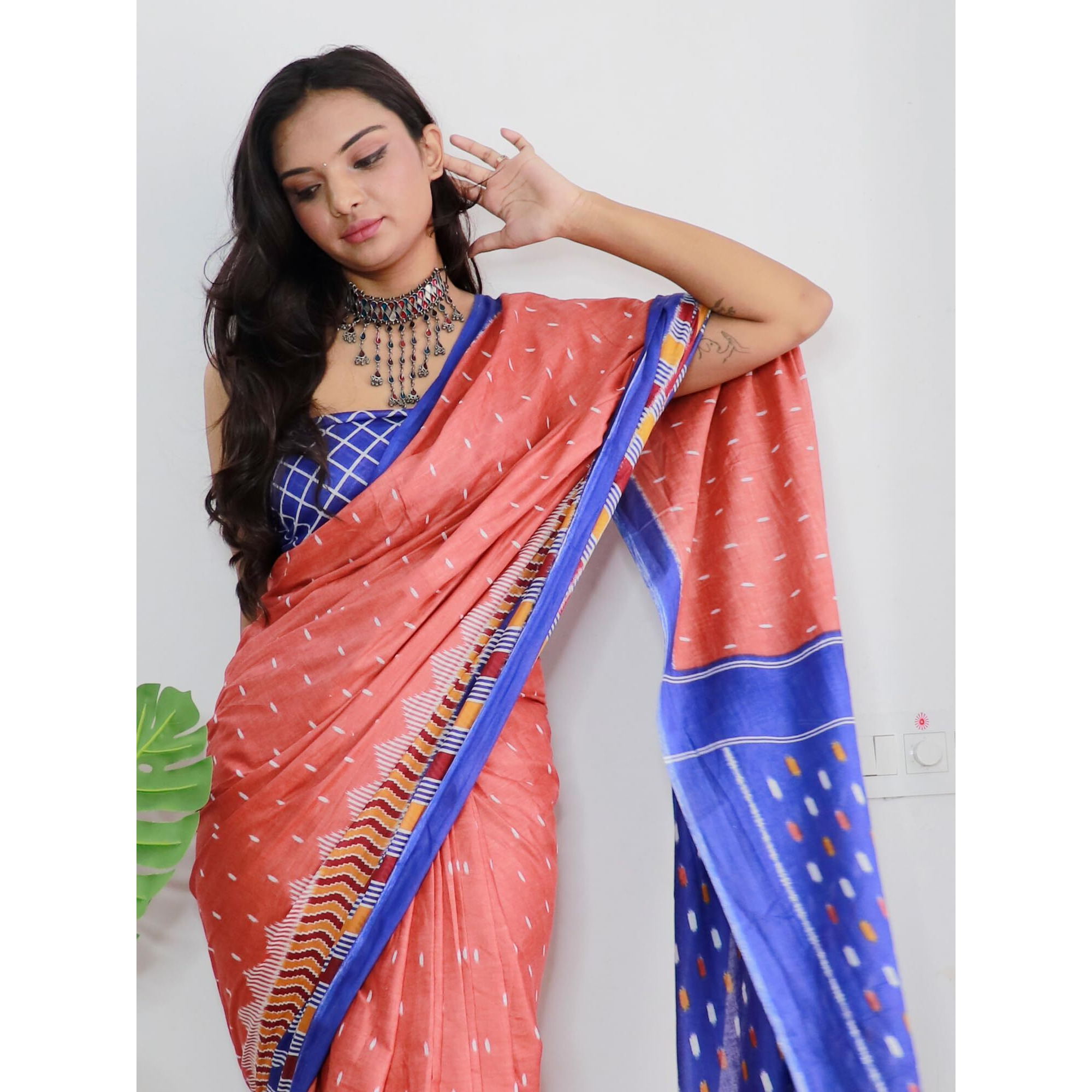 AKHILAM Womens Ikat Printed Pure Cotton Ready To Wear one Minute Saree With Unstitched Blouse Piece (Rust_RTWMINAXI8007_SMC)