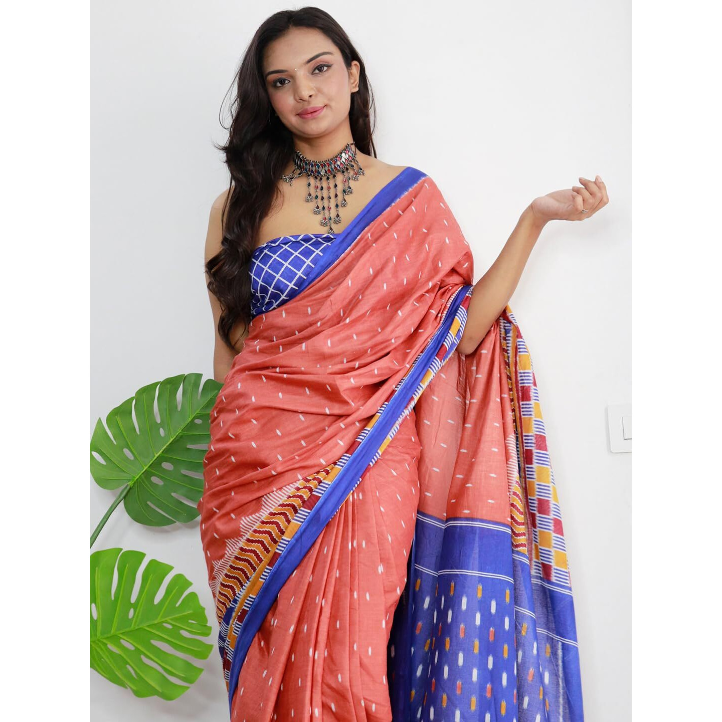 AKHILAM Womens Ikat Printed Pure Cotton Ready To Wear one Minute Saree With Unstitched Blouse Piece (Rust_RTWMINAXI8007_SMC)