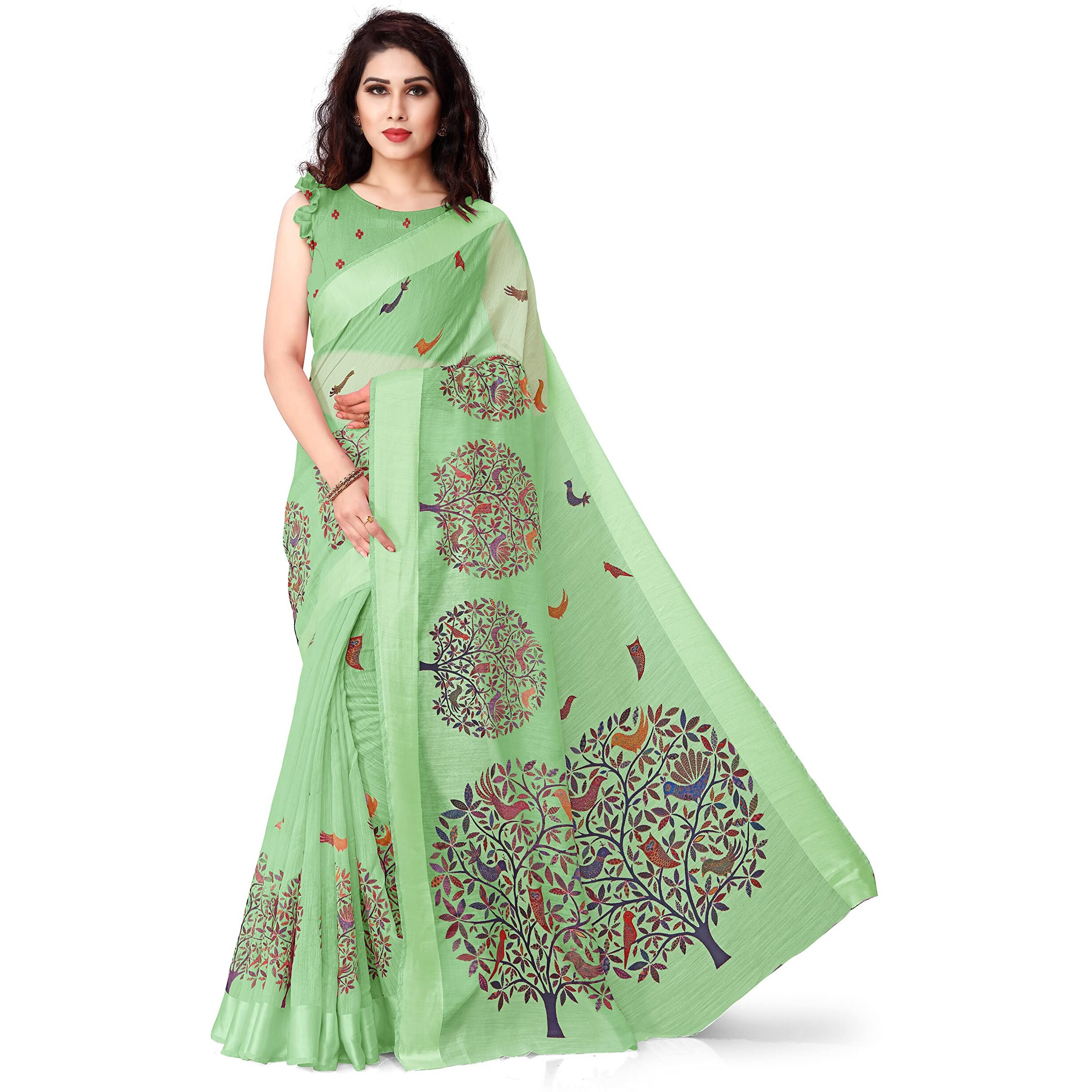 SOURBH Womens Plain Weave Cotton Blend Madhubani Printed Saree with Blouse Piece (35792-Pista Green)