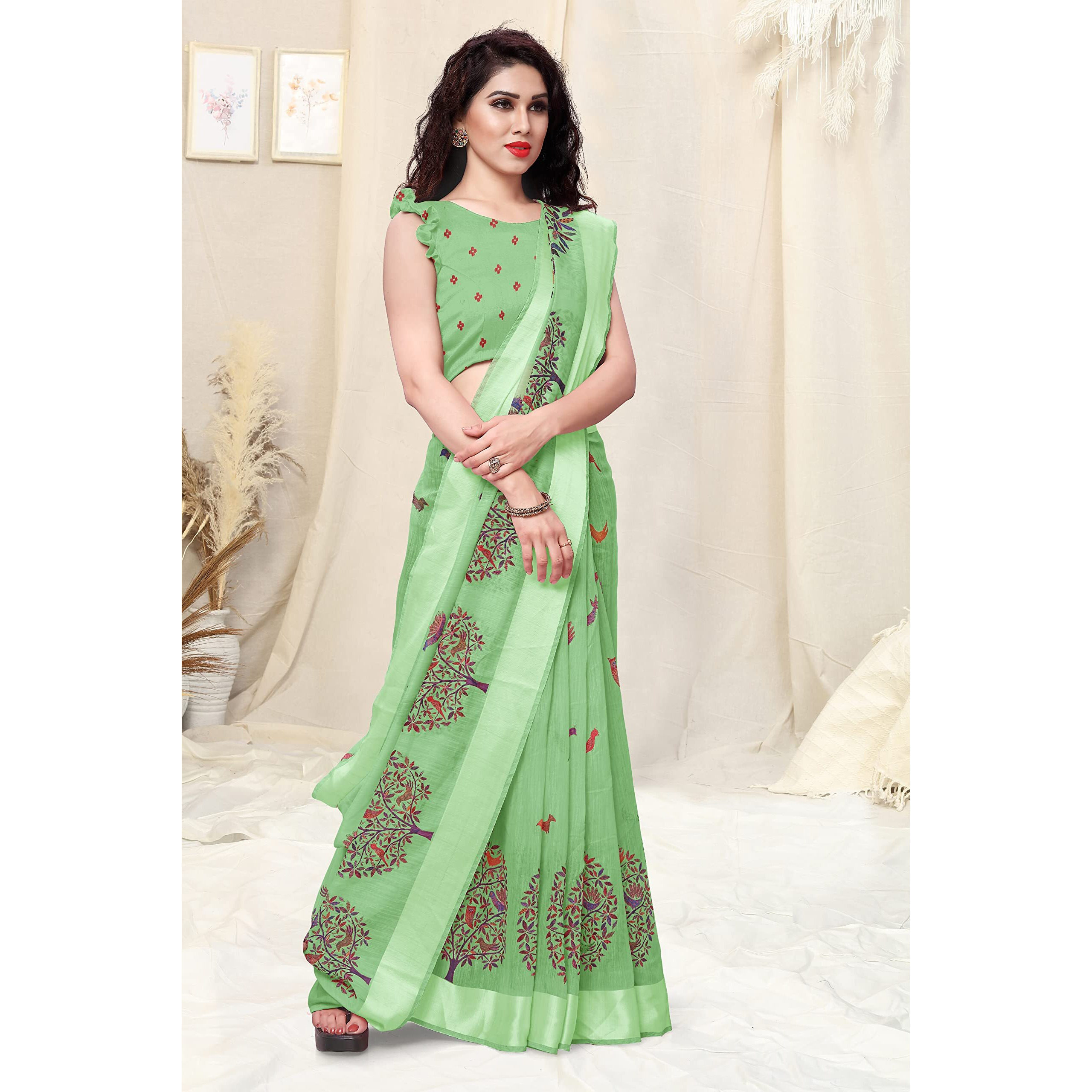 SOURBH Womens Plain Weave Cotton Blend Madhubani Printed Saree with Blouse Piece (35792-Pista Green)