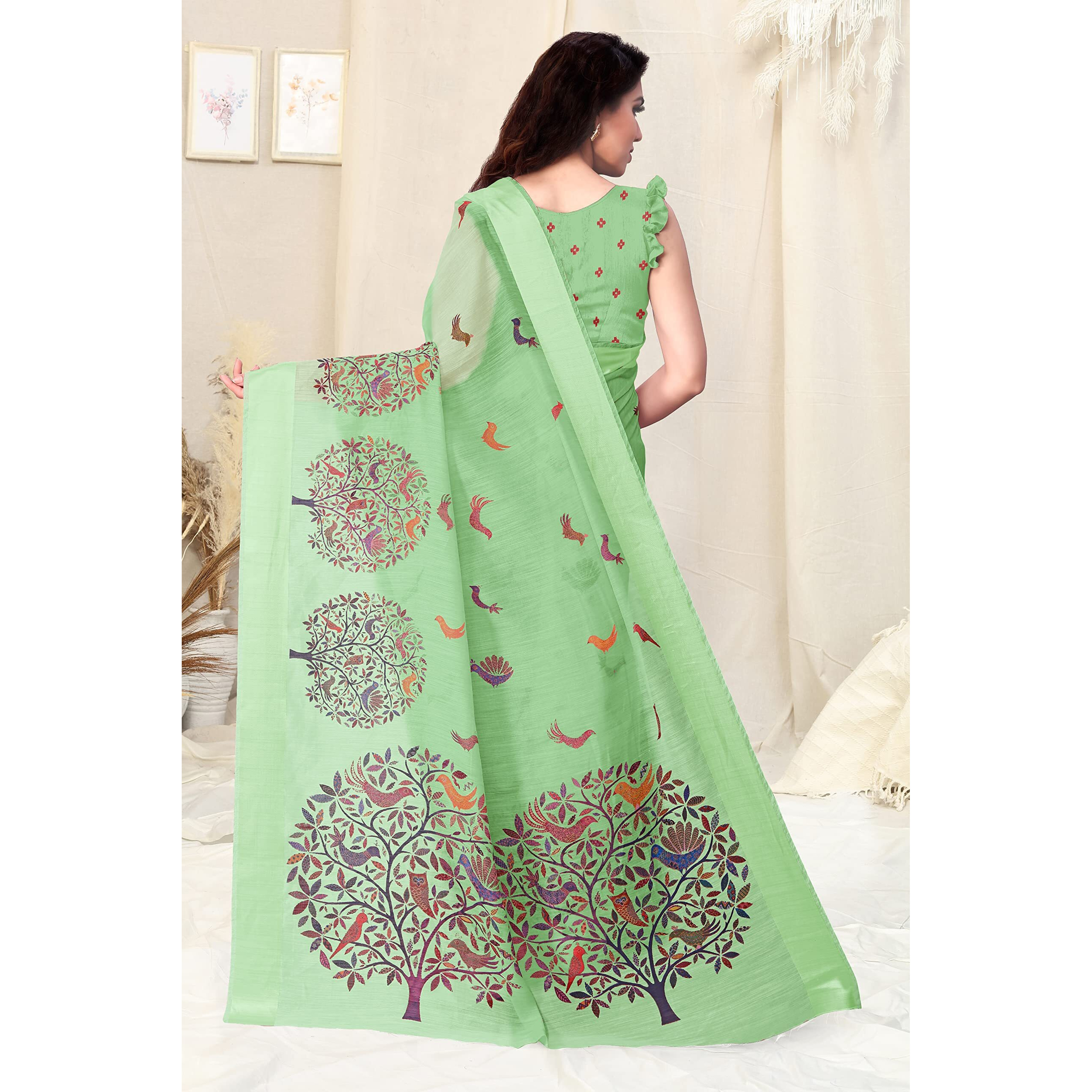 SOURBH Womens Plain Weave Cotton Blend Madhubani Printed Saree with Blouse Piece (35792-Pista Green)