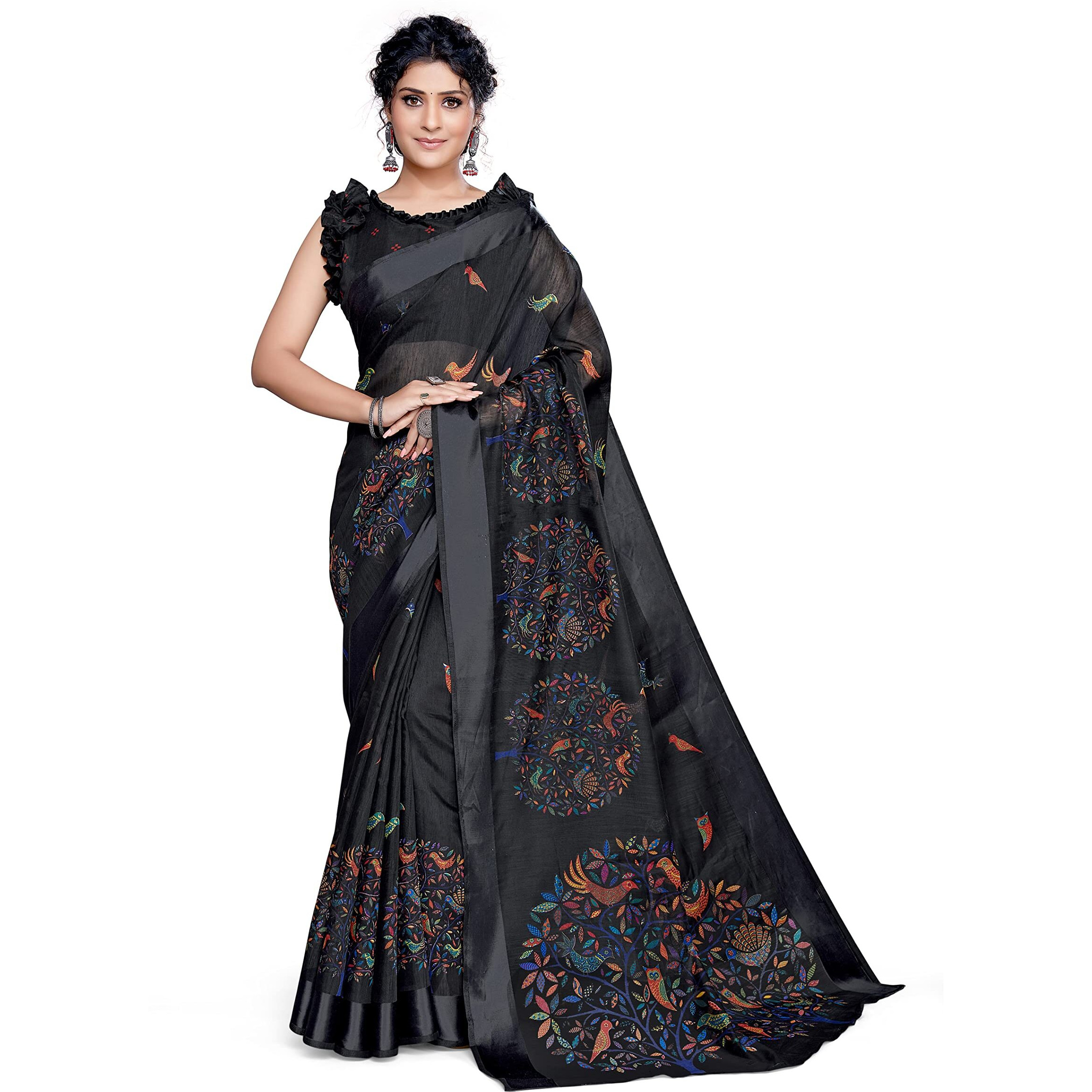 SOURBH Womens Cotton Blend Woven Madhubani Printed Saree with Blouse Piece (19816-Black)