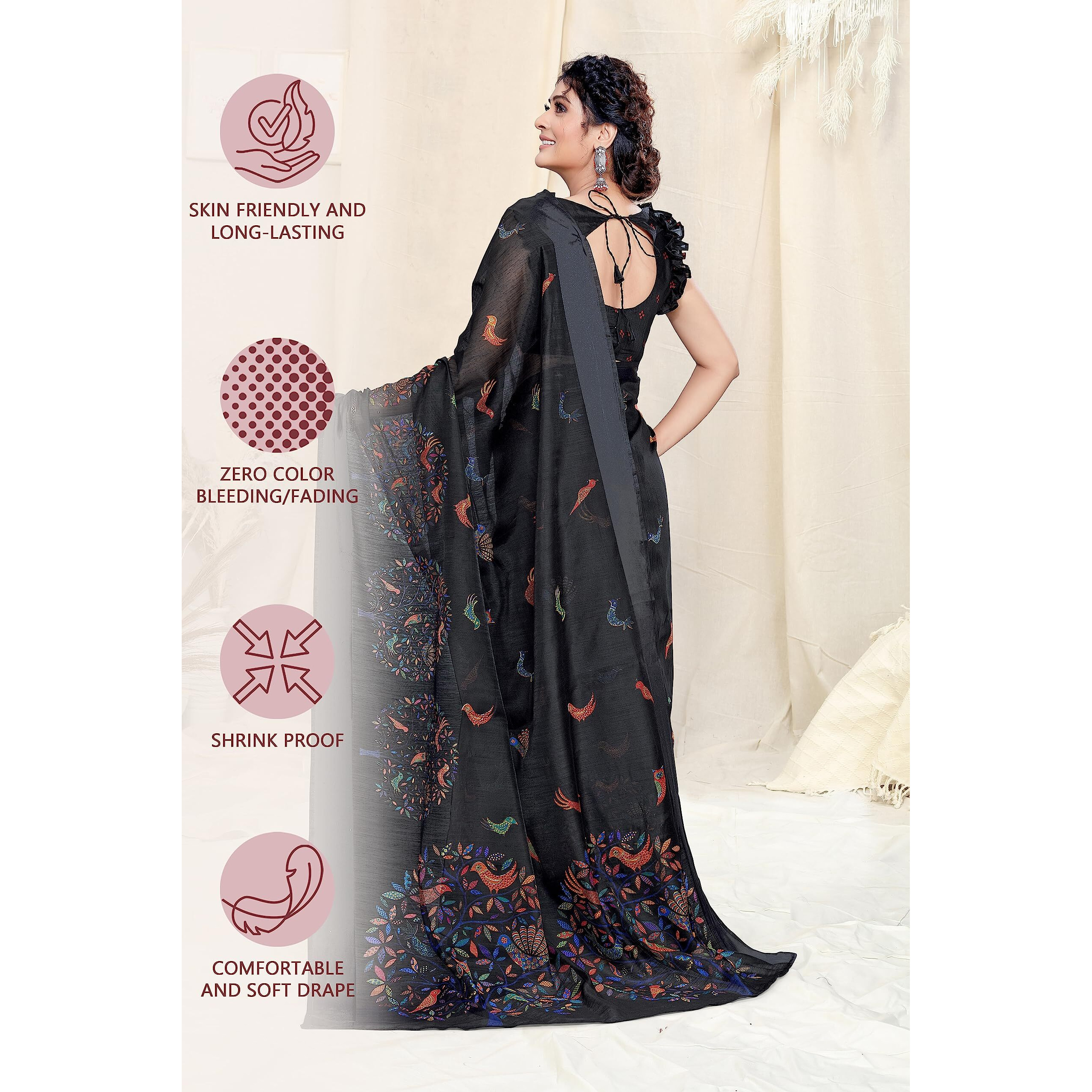 SOURBH Womens Cotton Blend Woven Madhubani Printed Saree with Blouse Piece (19816-Black)