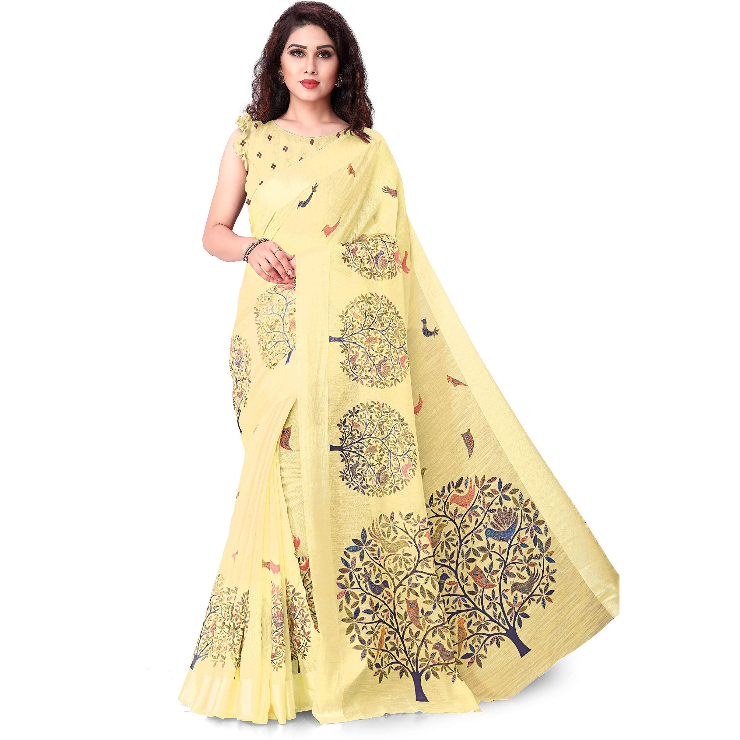 SOURBH Womens Cotton Blend Woven Madhubani Printed Saree with Blouse Piece (12664-Yellow)