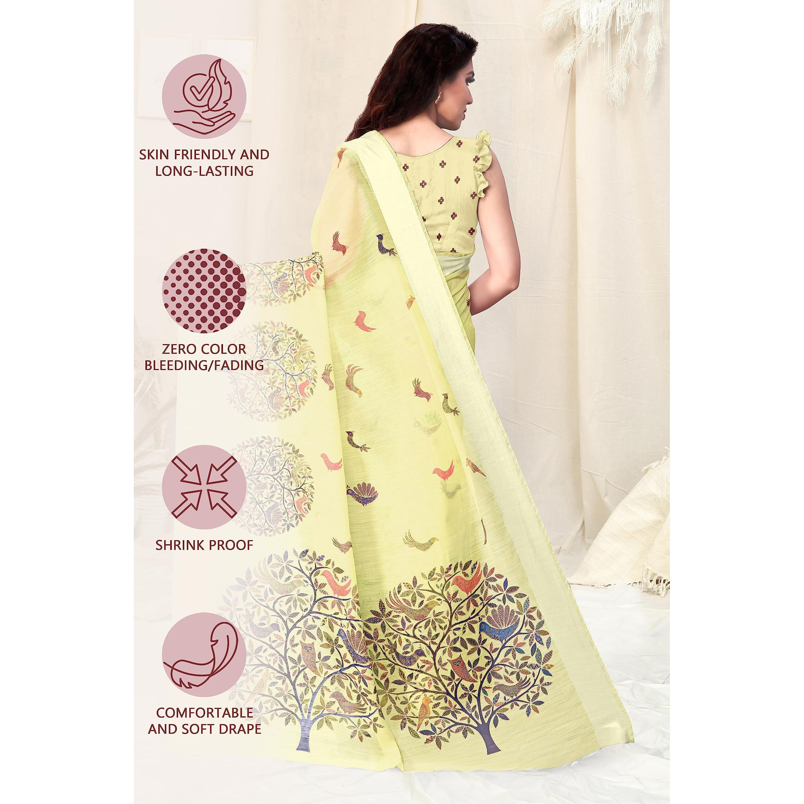 SOURBH Womens Cotton Blend Woven Madhubani Printed Saree with Blouse Piece (12664-Yellow)