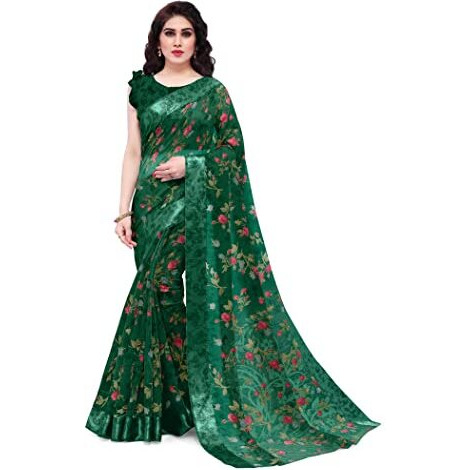 SOURBH Womens Plain Weave Cotton Blend Tropical Flower Printed Saree with Blouse Piece (30663-Dark Green, Red)