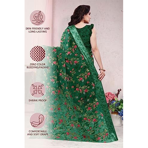 SOURBH Womens Plain Weave Cotton Blend Tropical Flower Printed Saree with Blouse Piece (30663-Dark Green, Red)