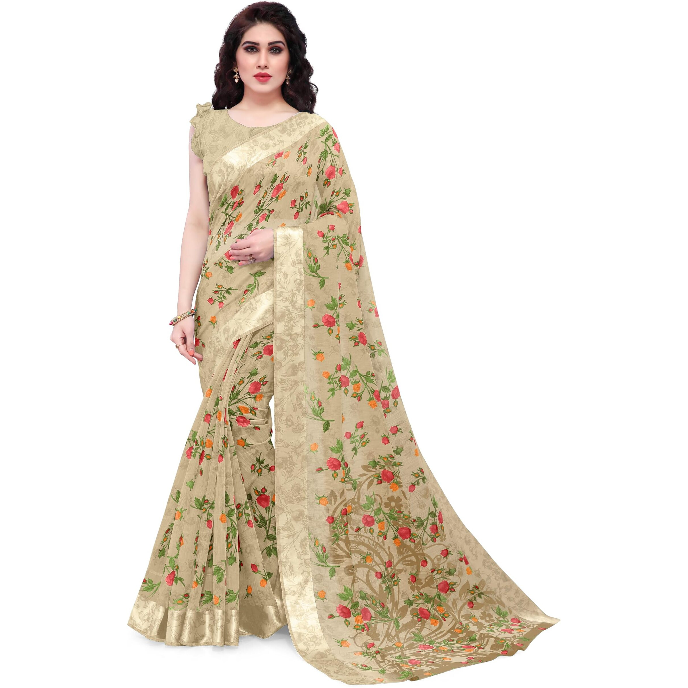 SOURBH Womens Fancy Cotton Blend Tropical Floral Printed Saree with Blouse Piece (Beige)