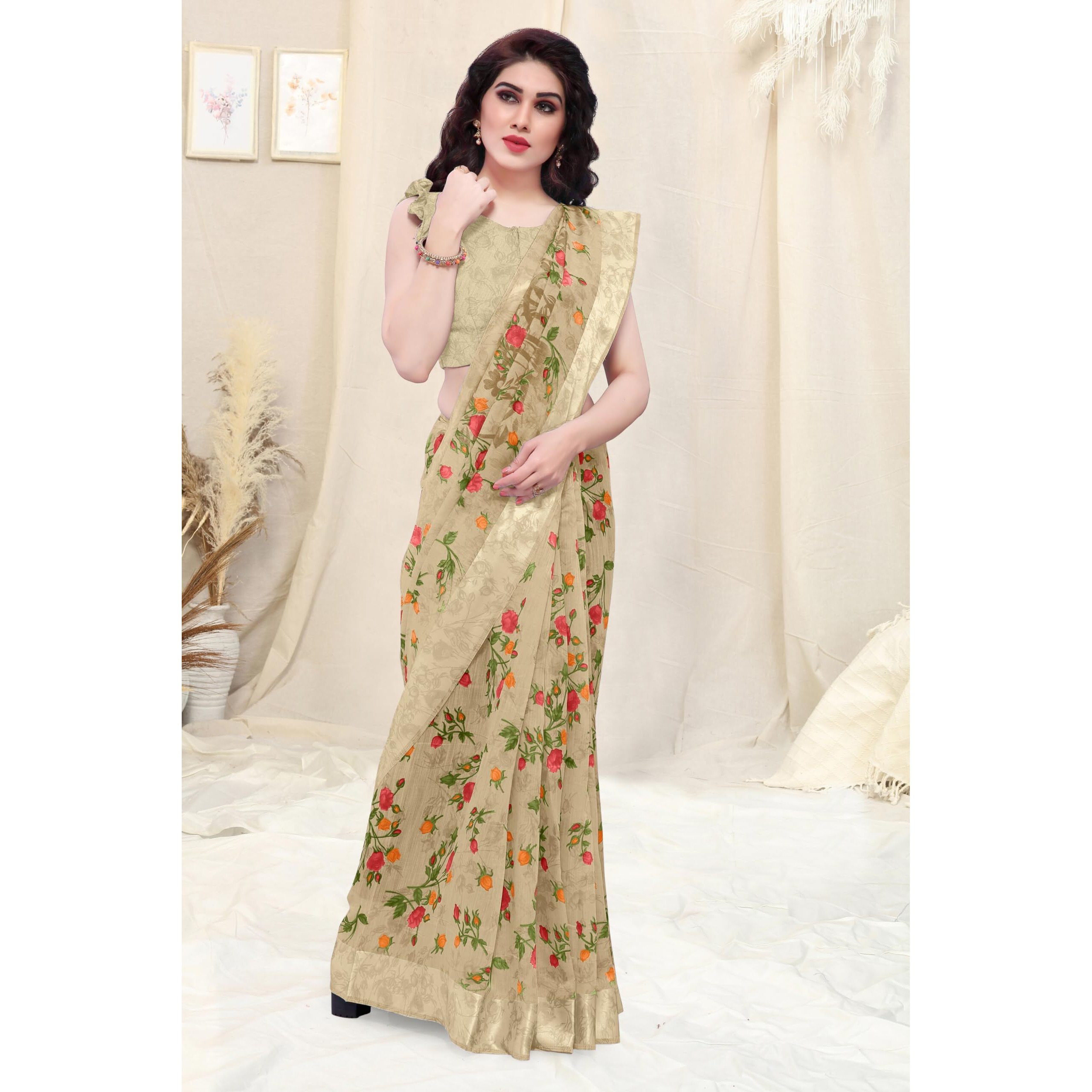 SOURBH Womens Fancy Cotton Blend Tropical Floral Printed Saree with Blouse Piece (Beige)