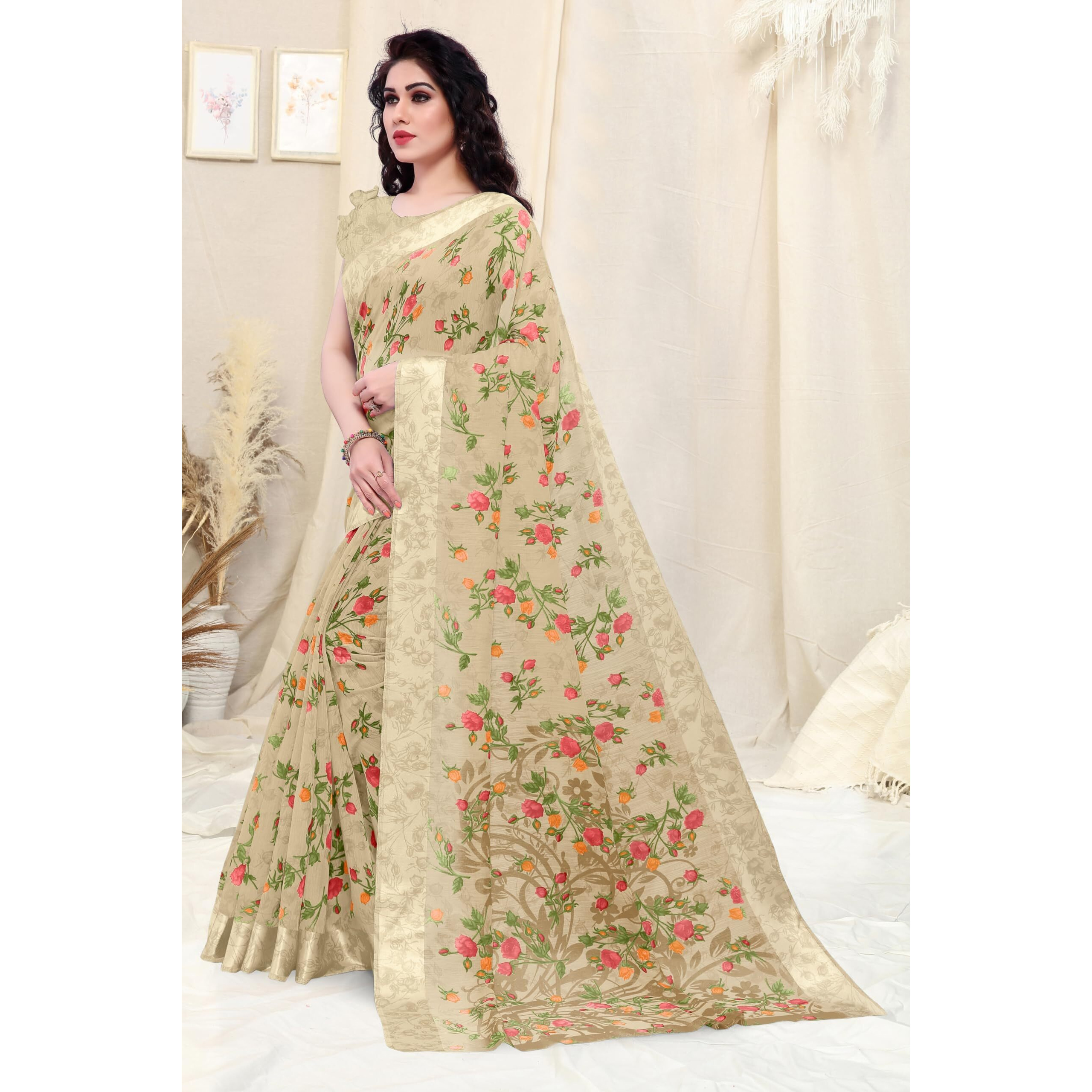 SOURBH Womens Fancy Cotton Blend Tropical Floral Printed Saree with Blouse Piece (Beige)