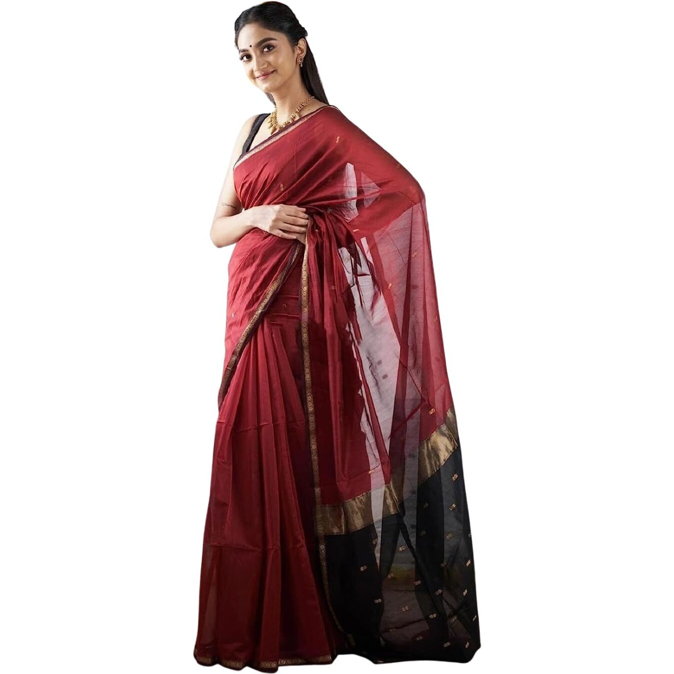 SGF11 Womens Kanjivaram Soft Cotton Linen Silk Saree With Blouse Piece (Maroon Black)