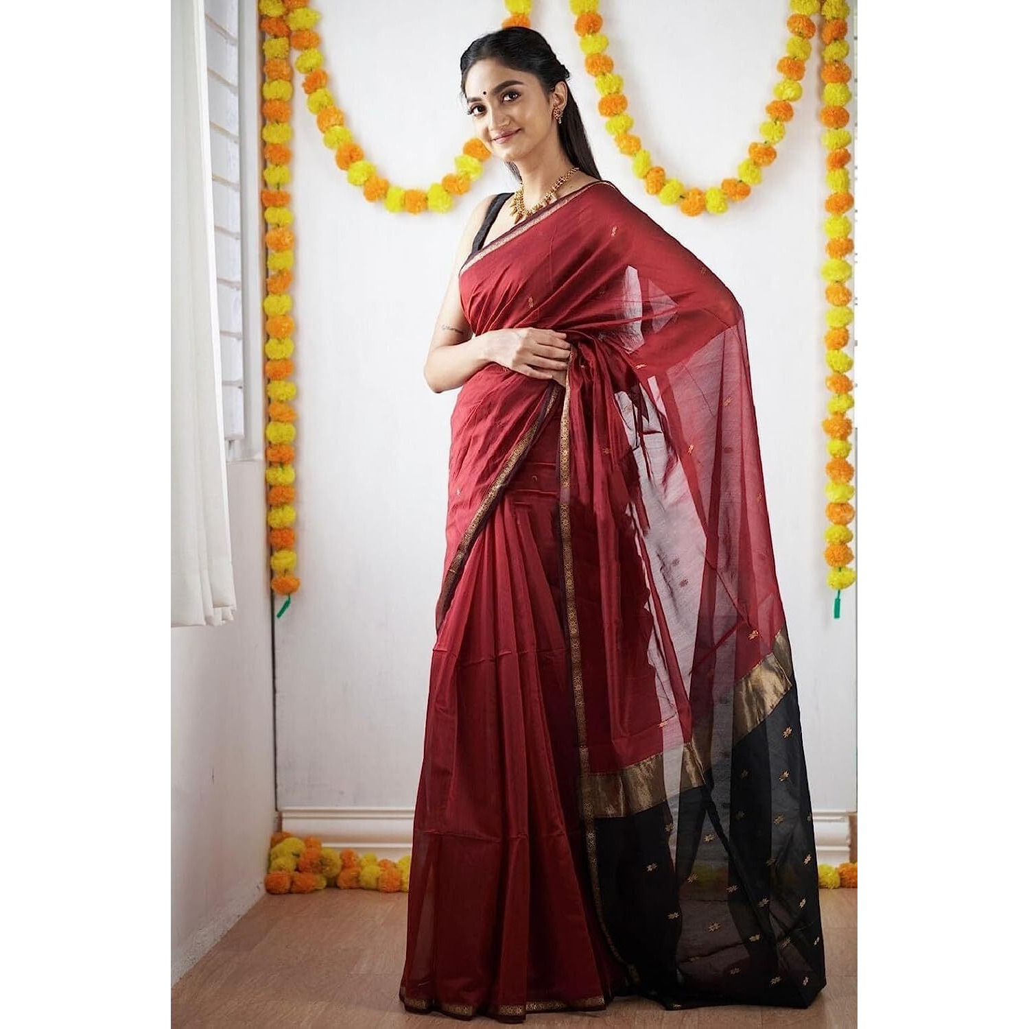 SGF11 Womens Kanjivaram Soft Cotton Linen Silk Saree With Blouse Piece (Maroon Black)