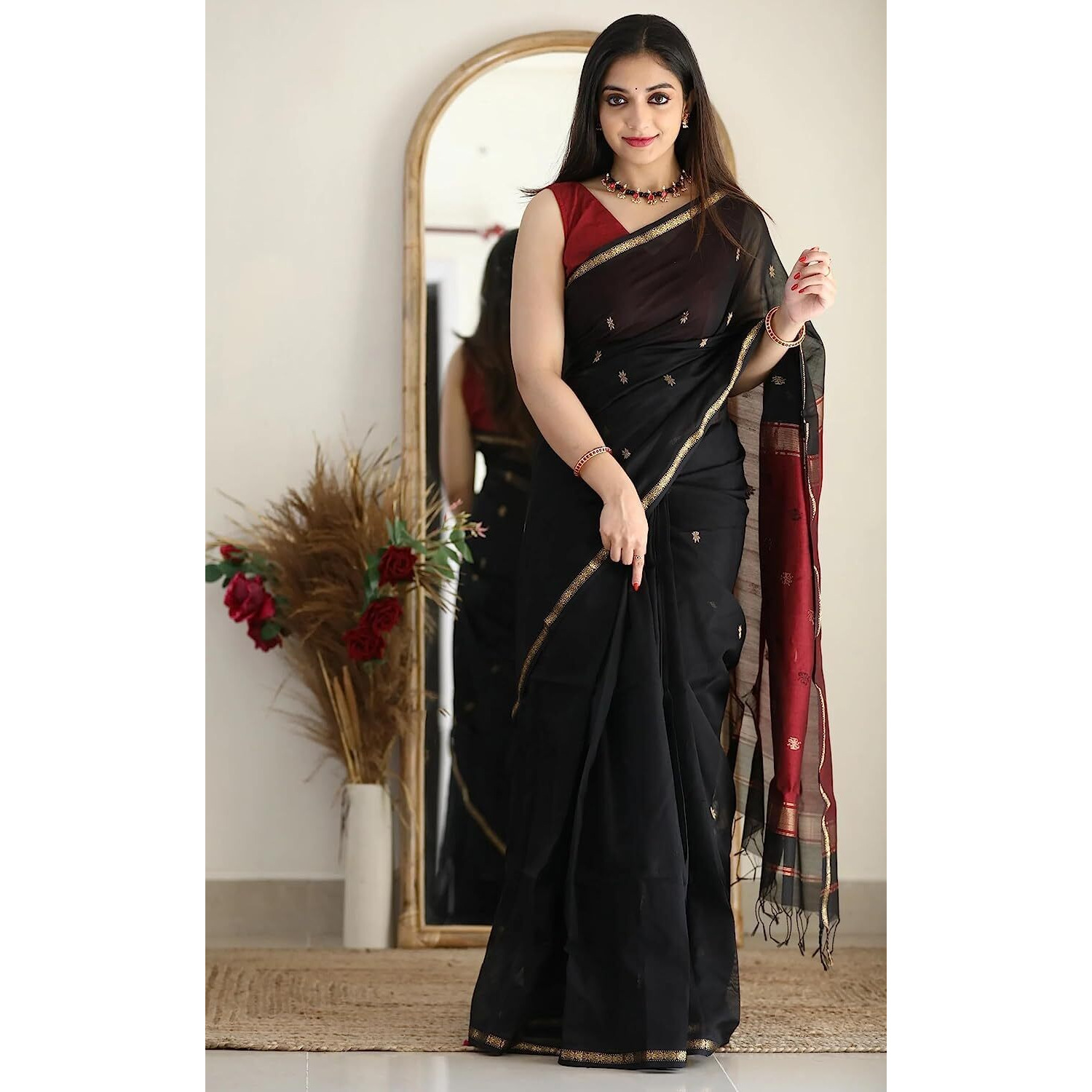 SGF11 Womens Kanjivaram Soft Cotton Linen Silk Saree With Blouse Piece (Black Maroon)