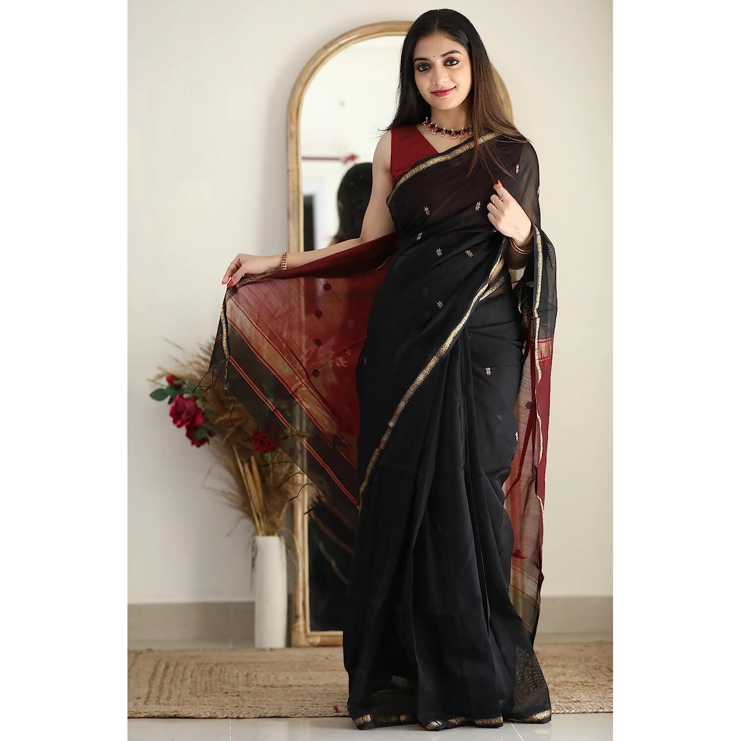 SGF11 Womens Kanjivaram Soft Cotton Linen Silk Saree With Blouse Piece (Black Maroon)