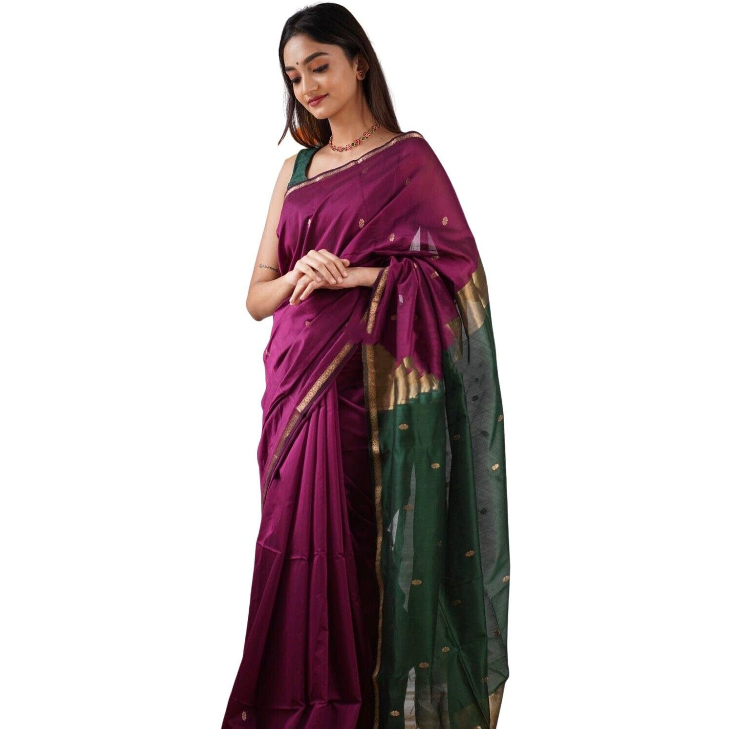 SGF11 Womens Kanjivaram Soft Cotton Linen Silk Saree With Blouse Piece (Wine Green)