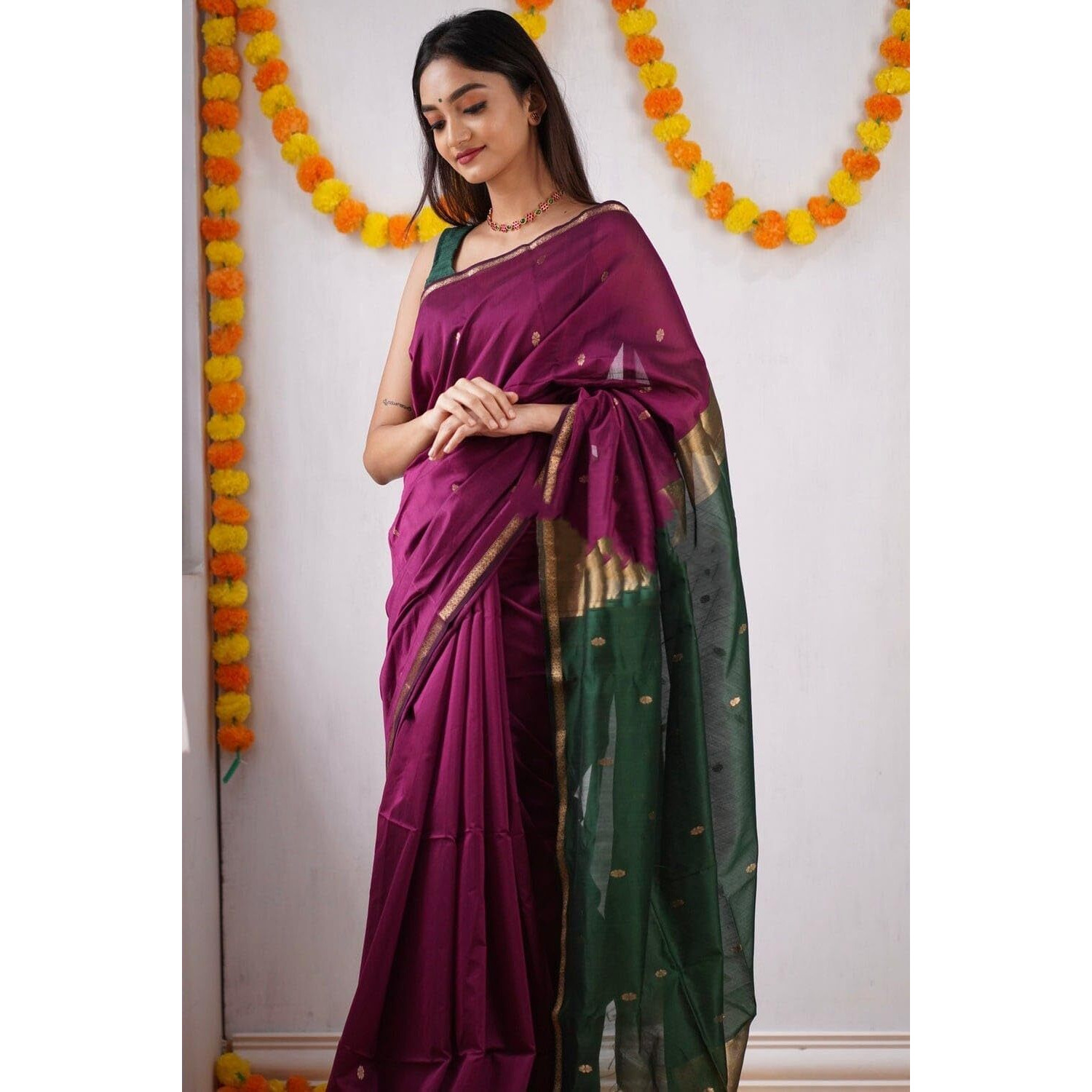 SGF11 Womens Kanjivaram Soft Cotton Linen Silk Saree With Blouse Piece (Wine Green)