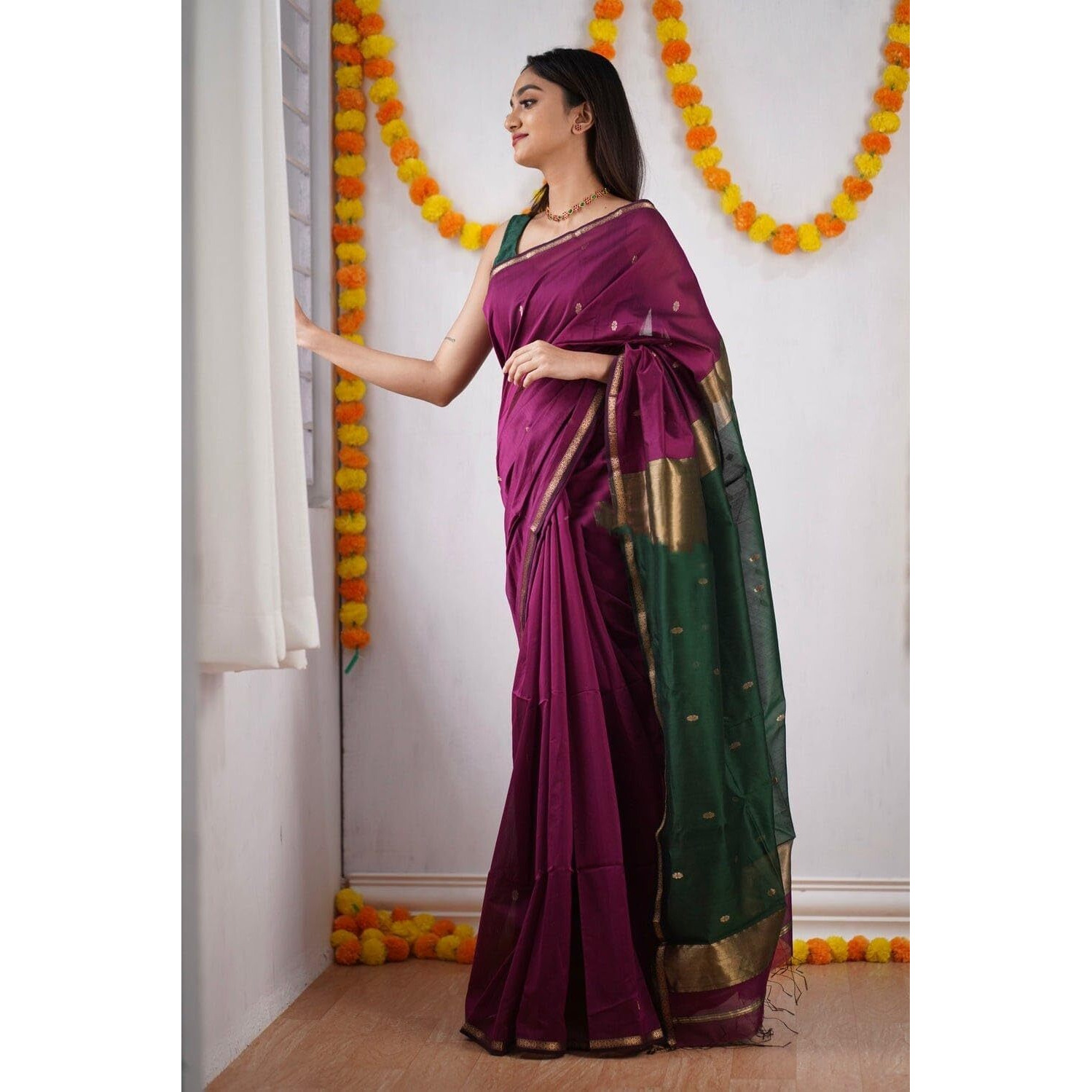 SGF11 Womens Kanjivaram Soft Cotton Linen Silk Saree With Blouse Piece (Wine Green)