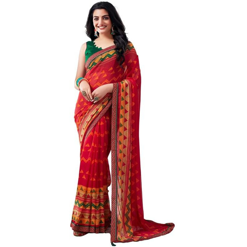 SIRIL Womens Chiffon Geometric Printed Saree With Unstitched Blouse Piece (3576S2502_Red)