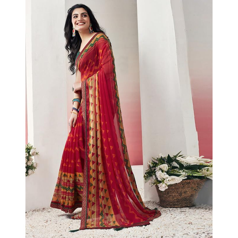 SIRIL Womens Chiffon Geometric Printed Saree With Unstitched Blouse Piece (3576S2502_Red)