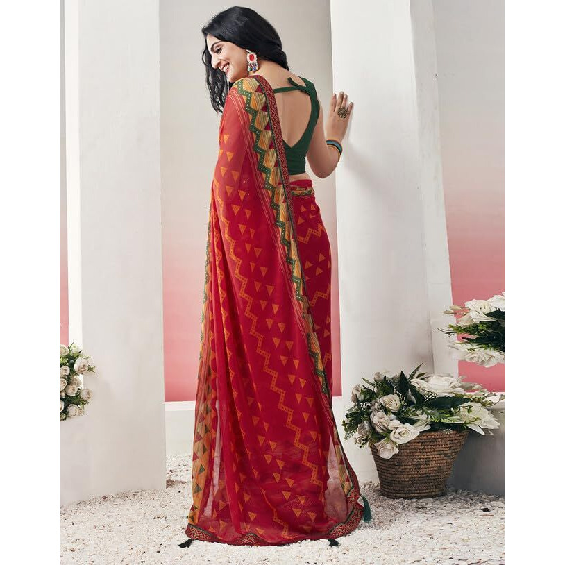 SIRIL Womens Chiffon Geometric Printed Saree With Unstitched Blouse Piece (3576S2502_Red)