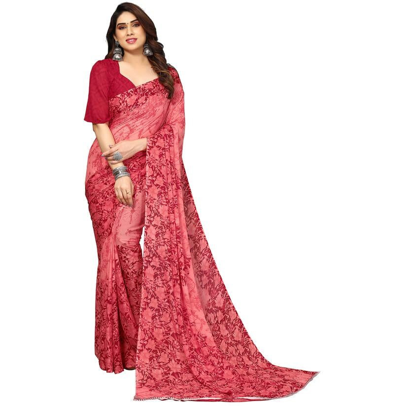 Satrani Georgette Womens Geoegette Floral Print Saree With Unstitched Blouse Piece (3112S2153Na_Maroon1)