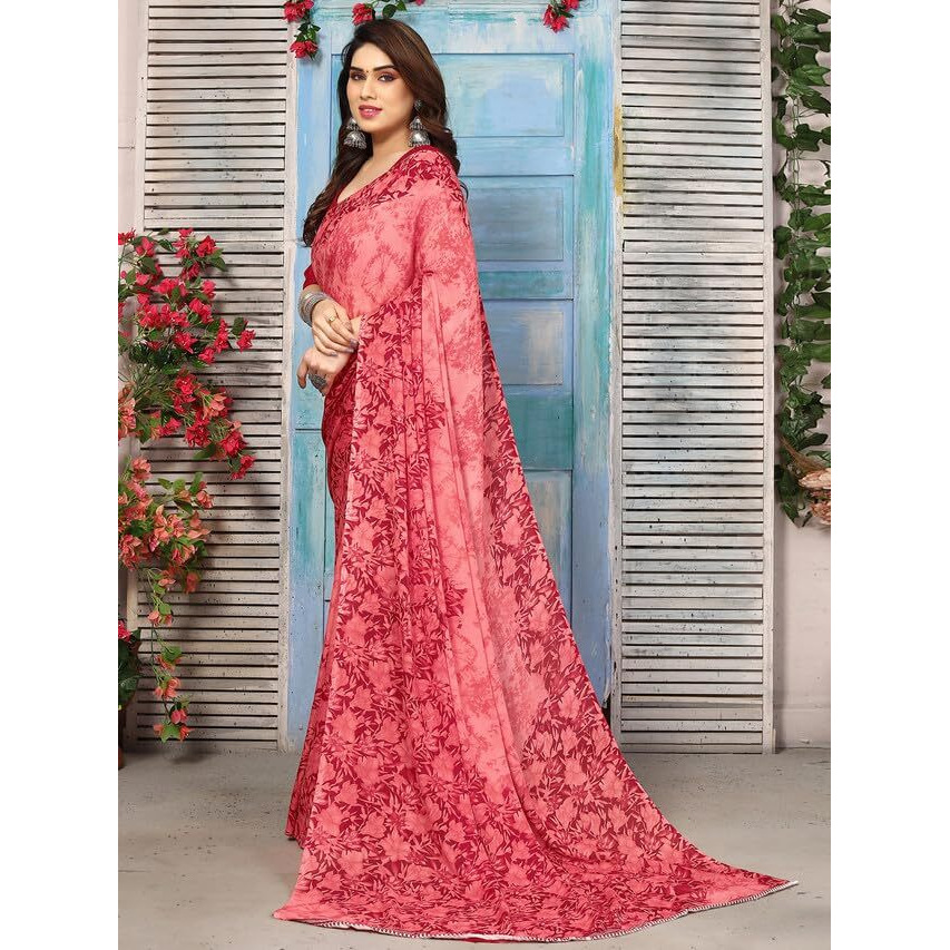 Satrani Georgette Womens Geoegette Floral Print Saree With Unstitched Blouse Piece (3112S2153Na_Maroon1)