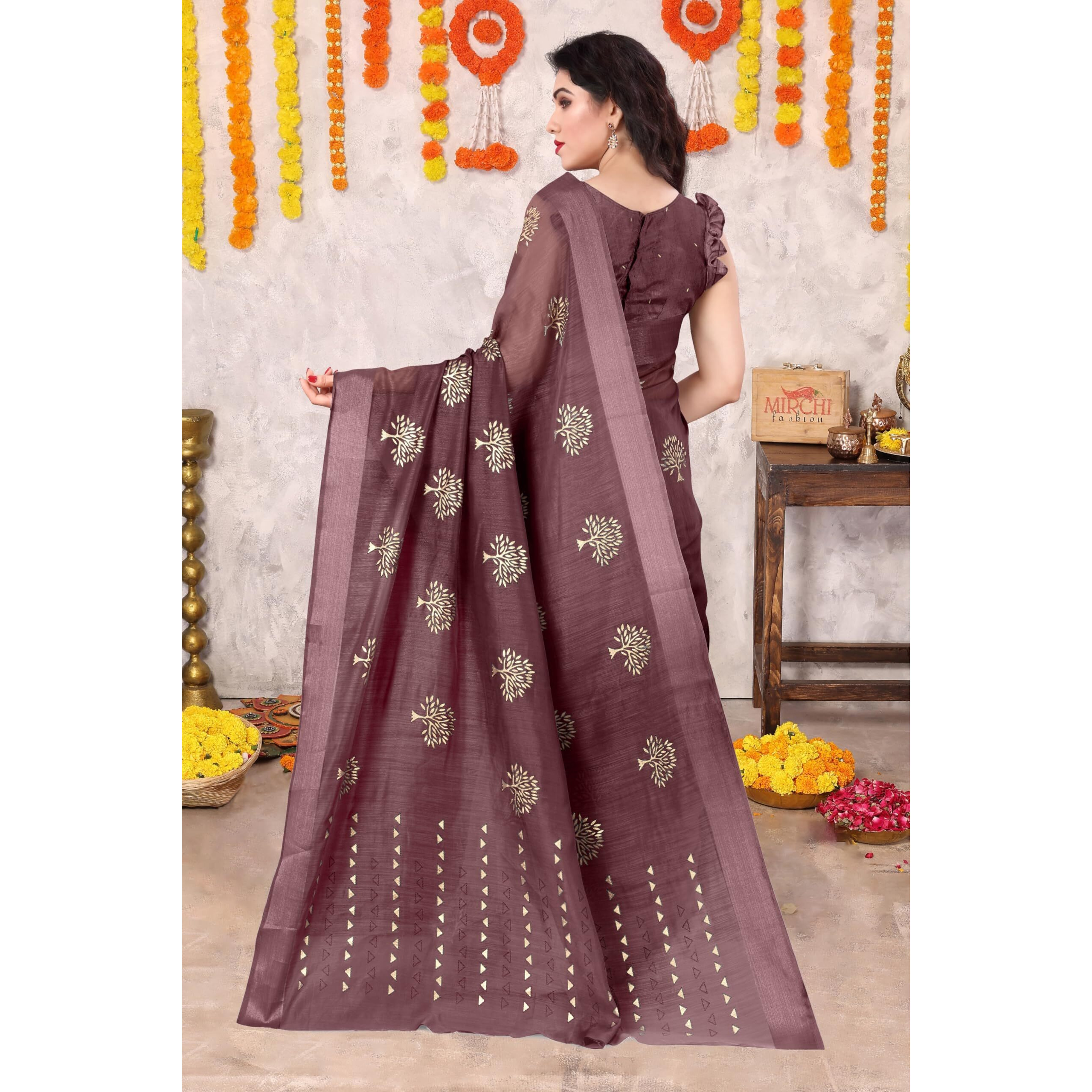 SOURBH Womens Cotton Blend Tree Block Pattern Foil Print Saree with Blouse Piece (24214-Maroon, Gold)