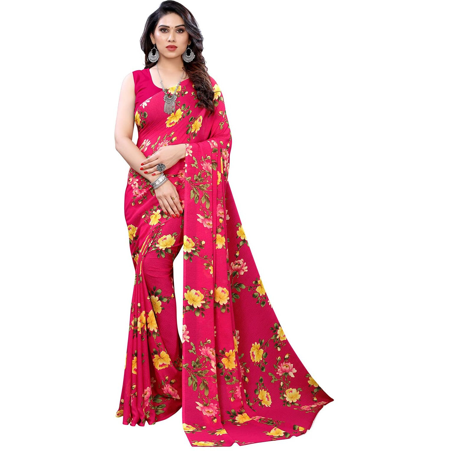 SIRIL Womens Georgette Floral Printed Saree with Blouse Piece (1955S348_ Beet Red)