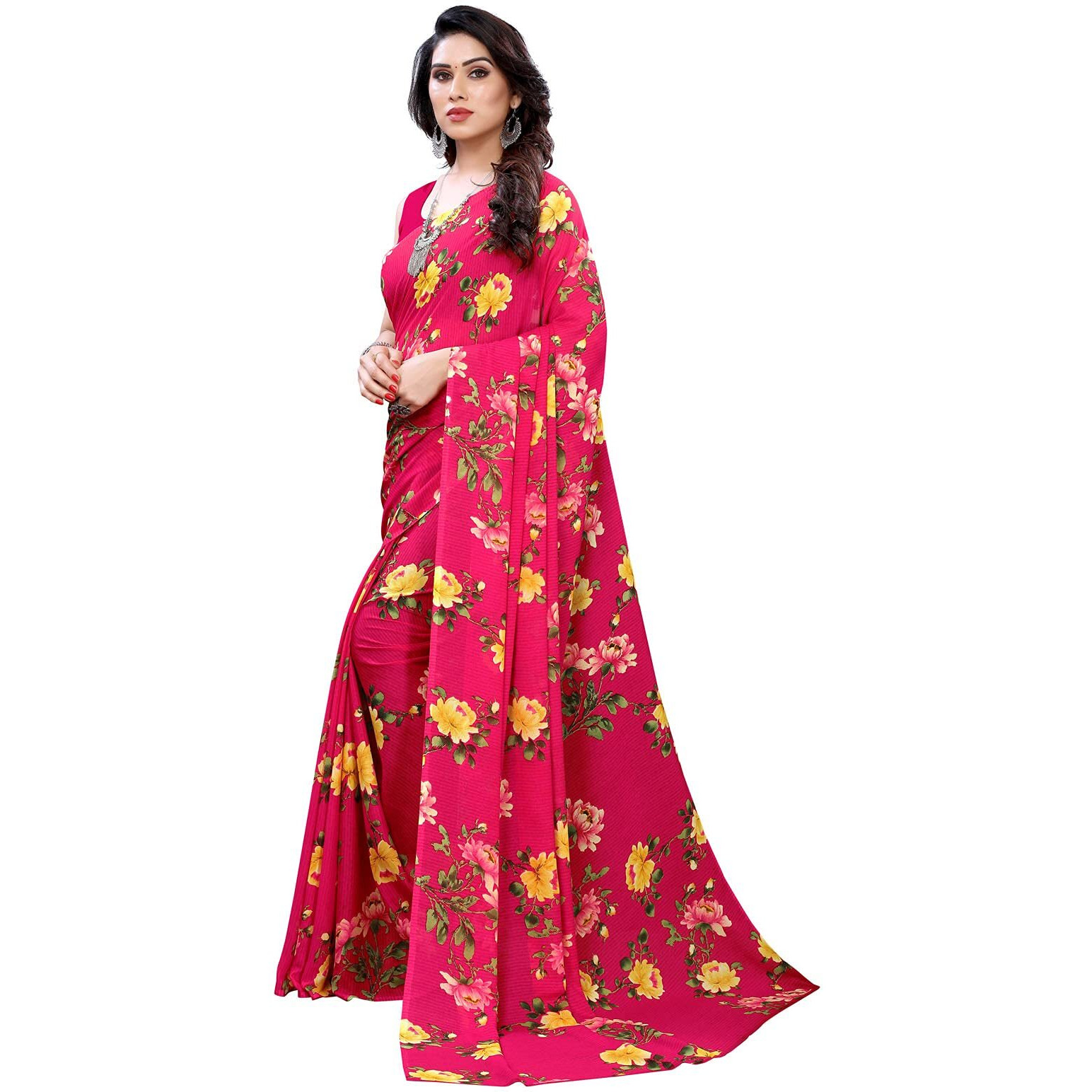 SIRIL Womens Georgette Floral Printed Saree with Blouse Piece (1955S348_ Beet Red)