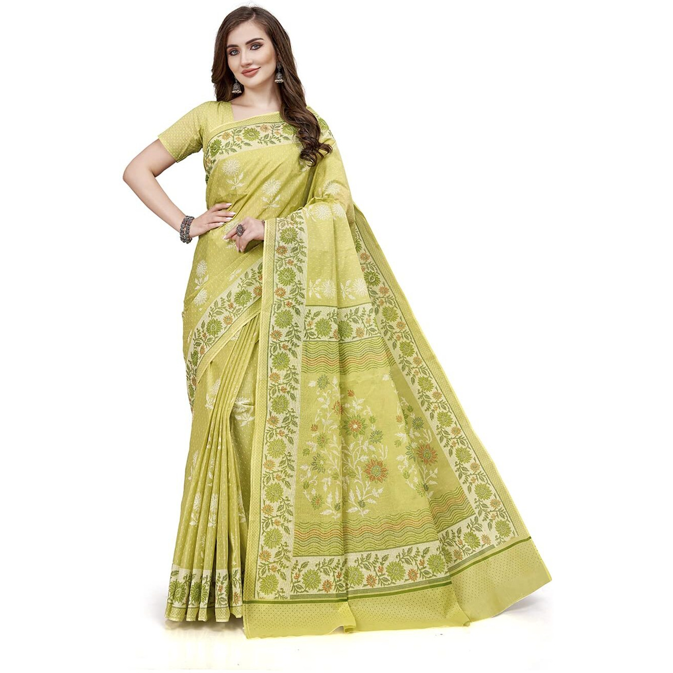 RATAN Pure Cotton Printed Mulmul Saree for Women with Blouse Piece (BGM-BP-5872_Green)