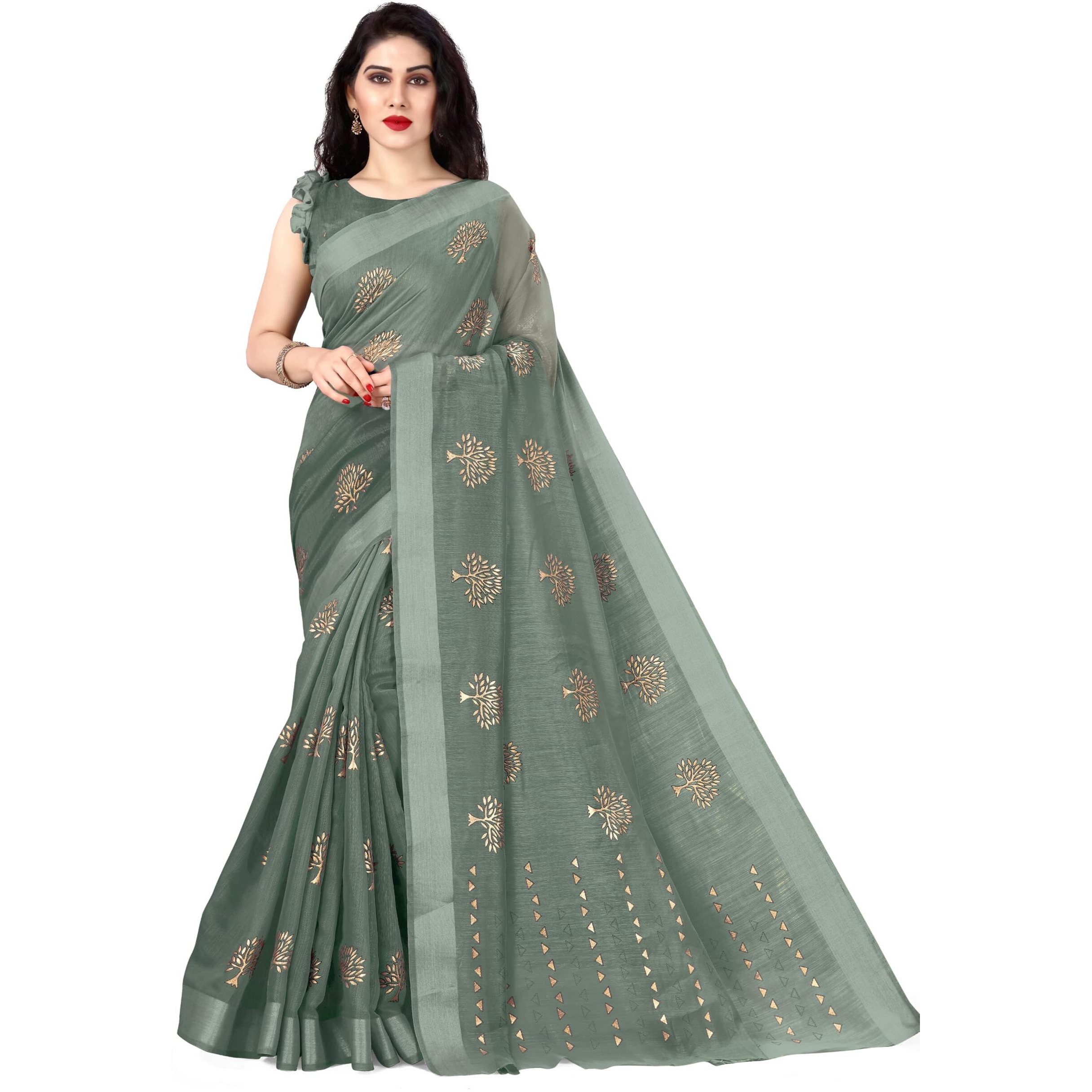 SOURBH Womens Cotton Blend Mix 2-Tone Foil Printed Saree with Blouse Piece (22384-Green, Golden)