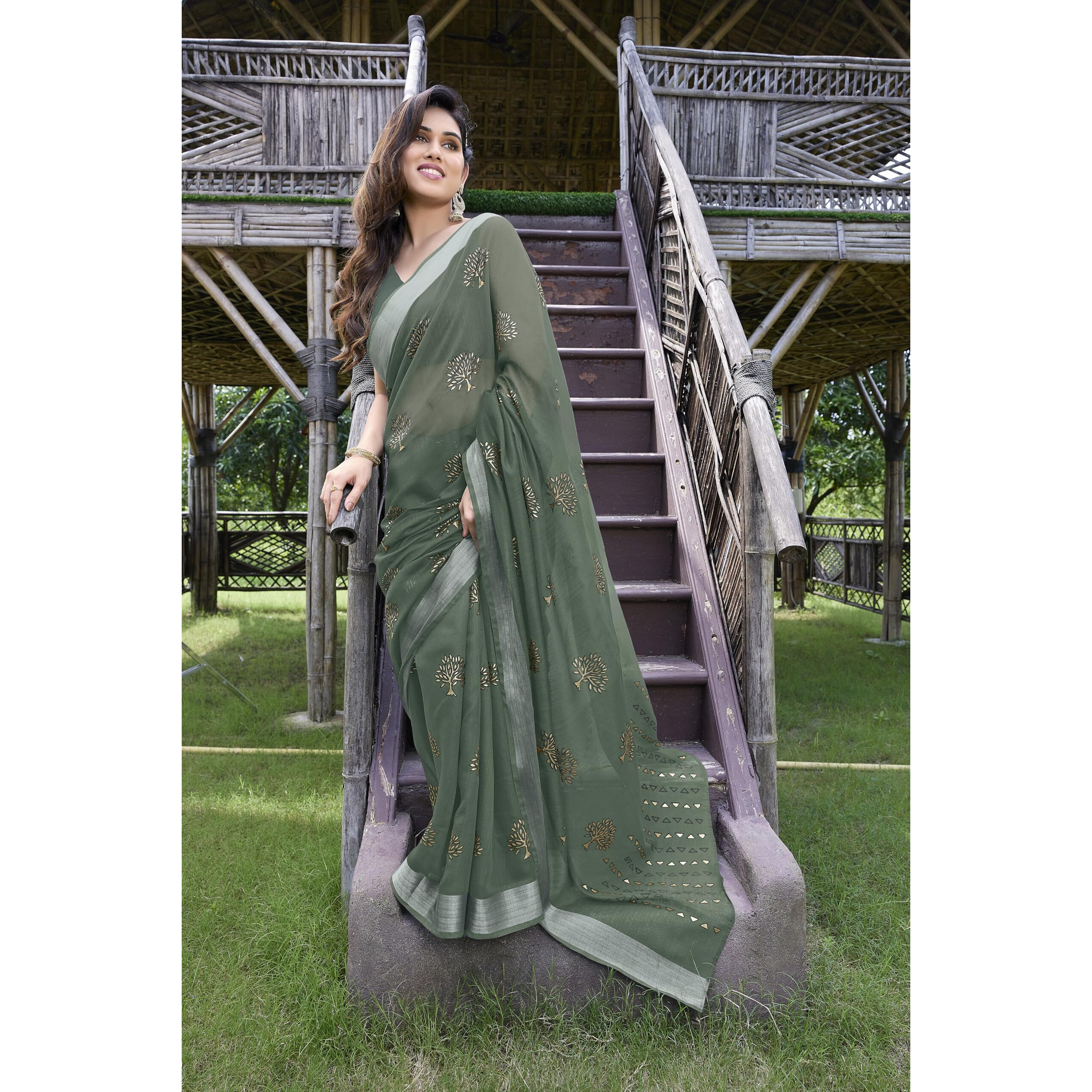 SOURBH Womens Cotton Blend Mix 2-Tone Foil Printed Saree with Blouse Piece (22384-Green, Golden)