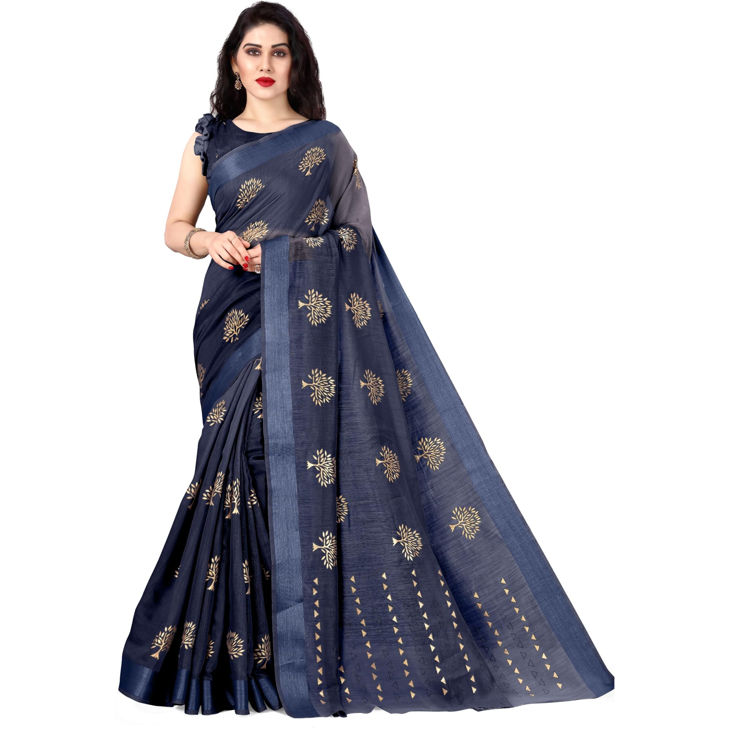 SOURBH Womens Cotton Blend Tree Block Pattern Foil Print Saree with Blouse Piece (24216-Navy Blue, Gold)