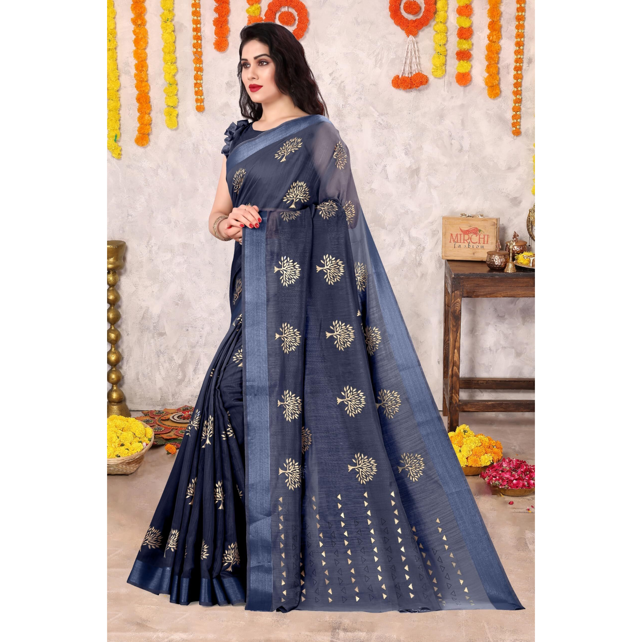 SOURBH Womens Cotton Blend Tree Block Pattern Foil Print Saree with Blouse Piece (24216-Navy Blue, Gold)