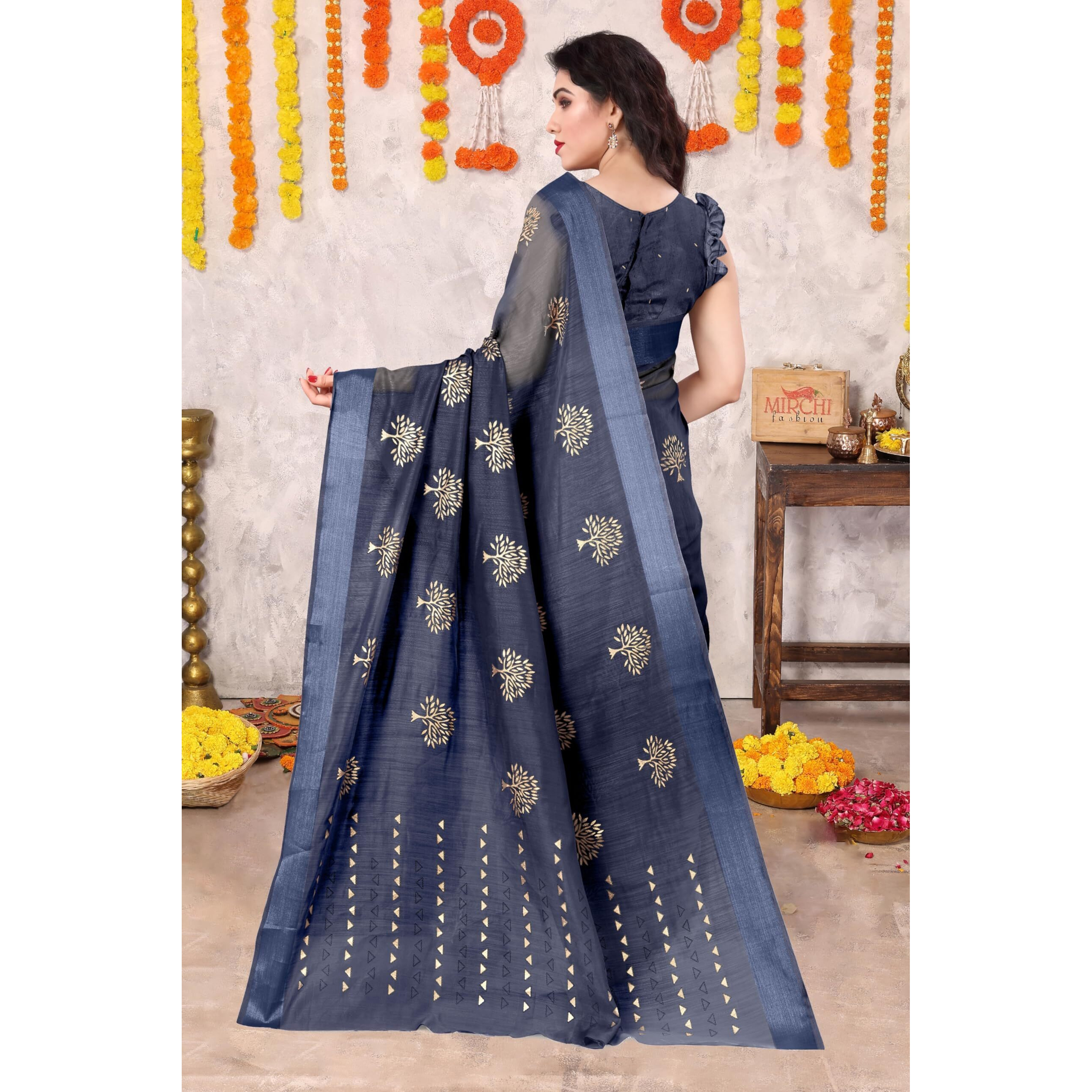 SOURBH Womens Cotton Blend Tree Block Pattern Foil Print Saree with Blouse Piece (24216-Navy Blue, Gold)