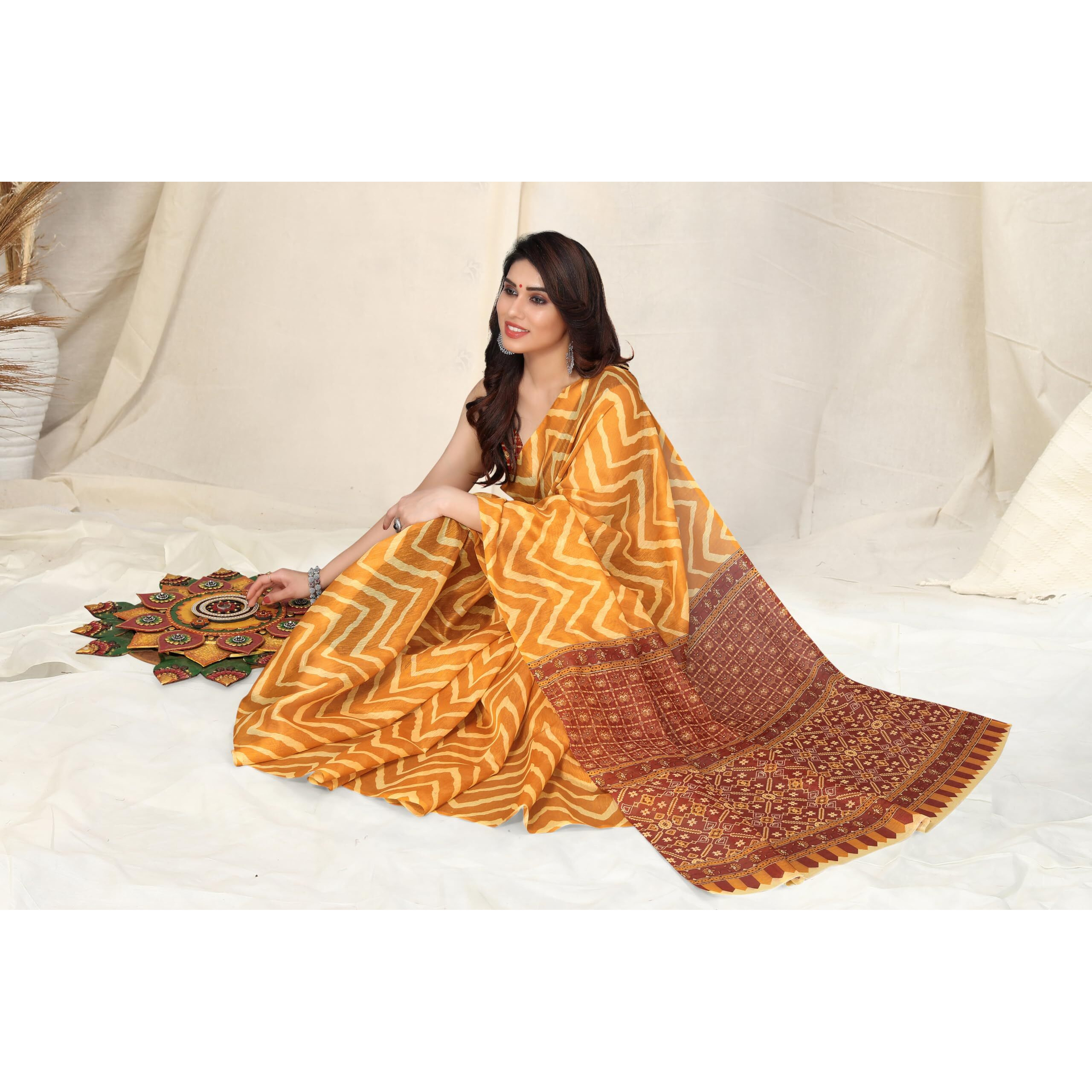 MIRCHI FASHION Womens Plain Weave Cotton Blend Chevron Patola Digital Printed Saree with Blouse Piece (37686-Yellow, Cream)