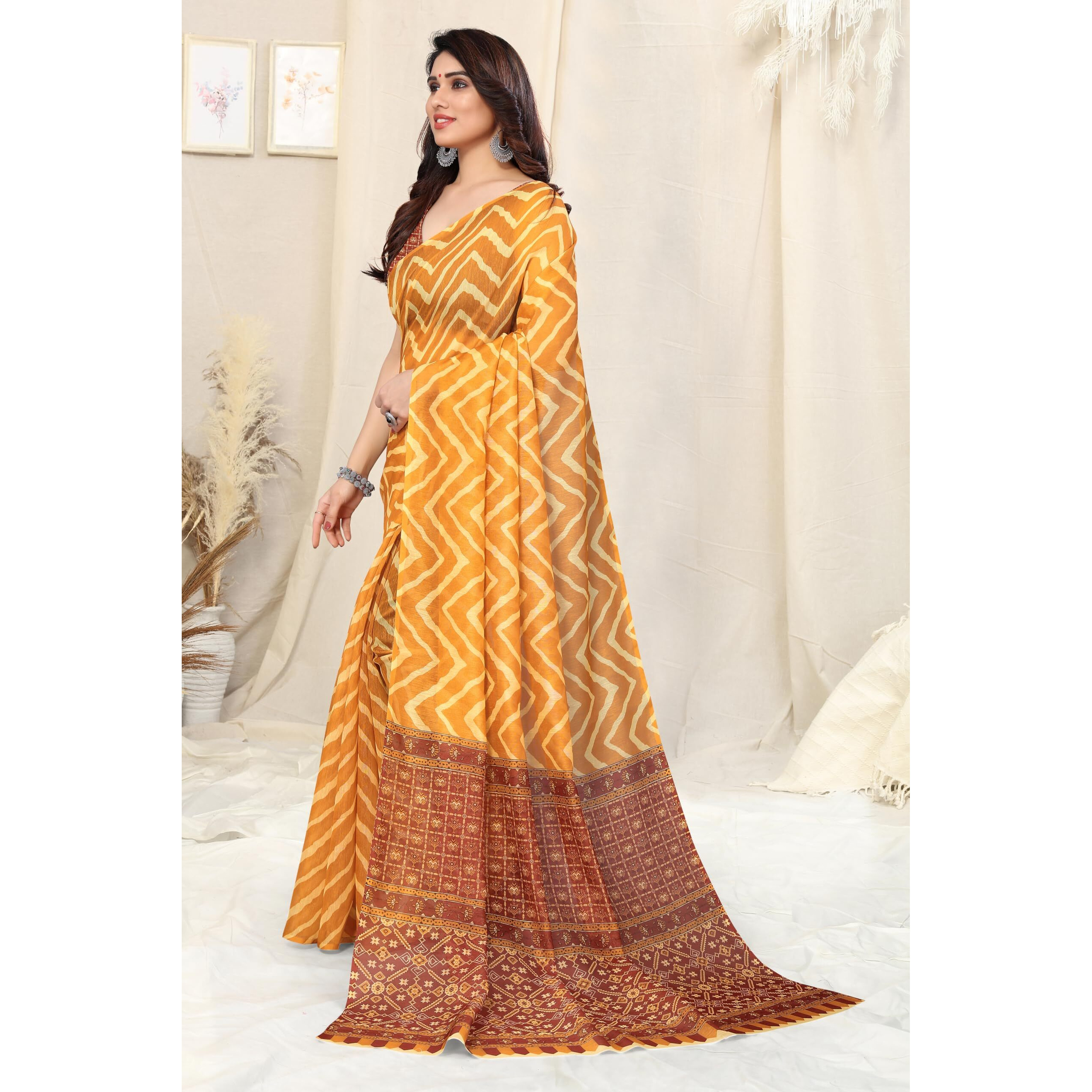 MIRCHI FASHION Womens Plain Weave Cotton Blend Chevron Patola Digital Printed Saree with Blouse Piece (37686-Yellow, Cream)