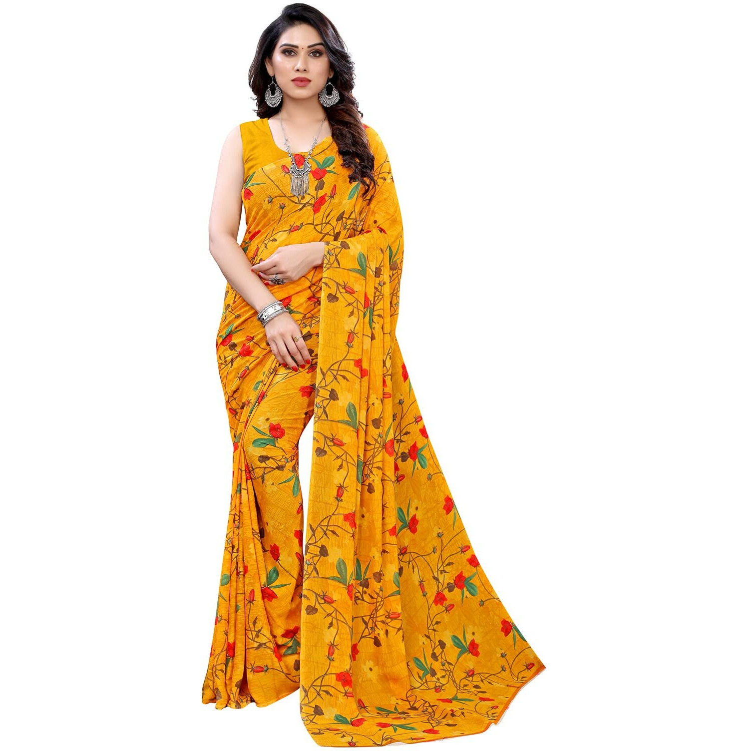 Satrani Womens Floral Printed Georgette Saree with Blouse Piece (1955ST349_Yellow)