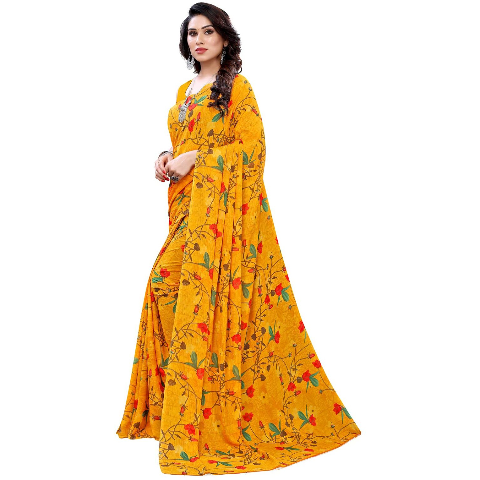 Satrani Womens Floral Printed Georgette Saree with Blouse Piece (1955ST349_Yellow)