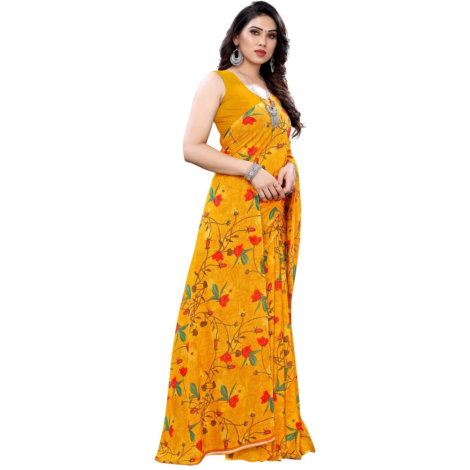 Satrani Womens Floral Printed Georgette Saree with Blouse Piece (1955ST349_Yellow)